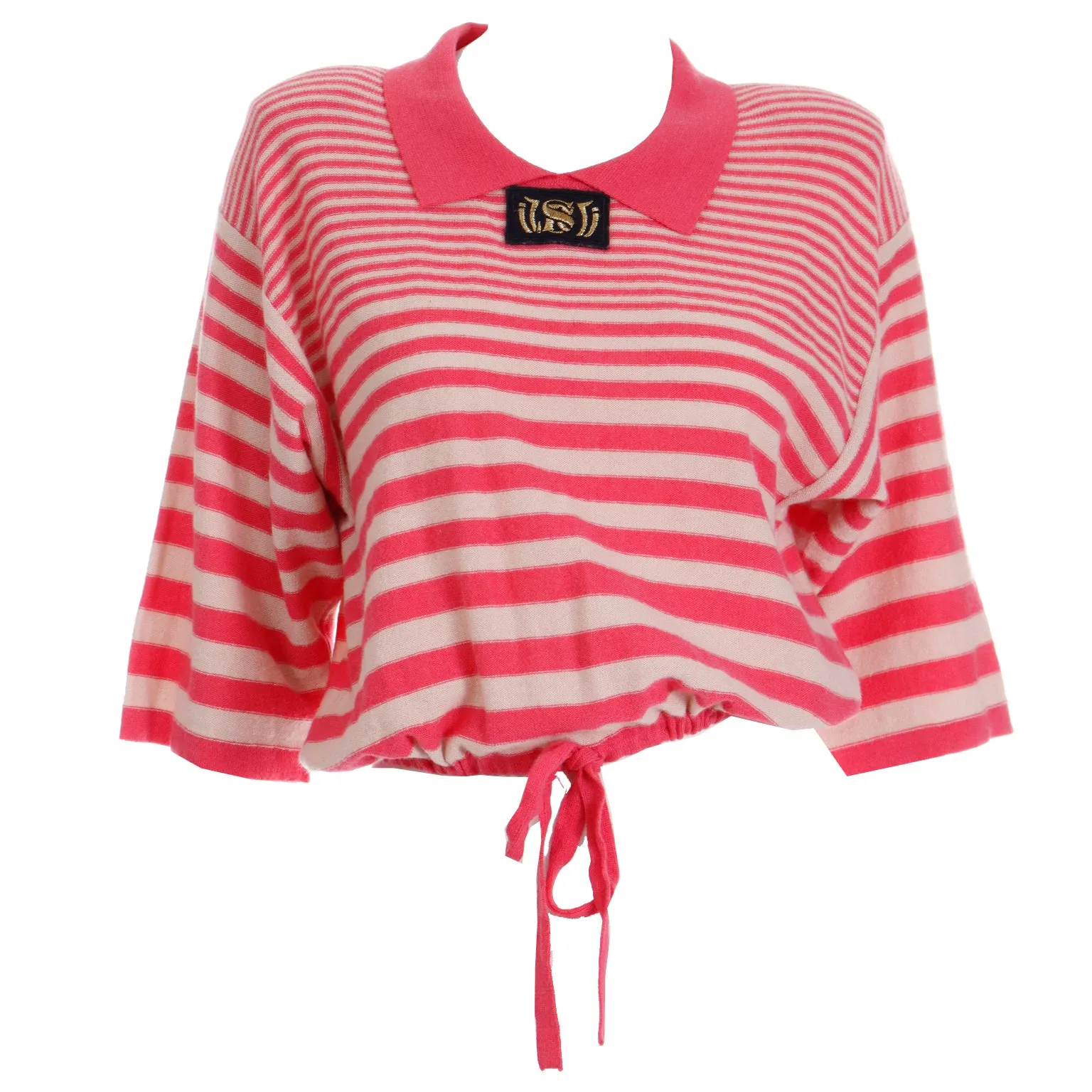 1980s Sonia Rykiel Striped Pink Wool Pullover Sweater Top w Drawstring