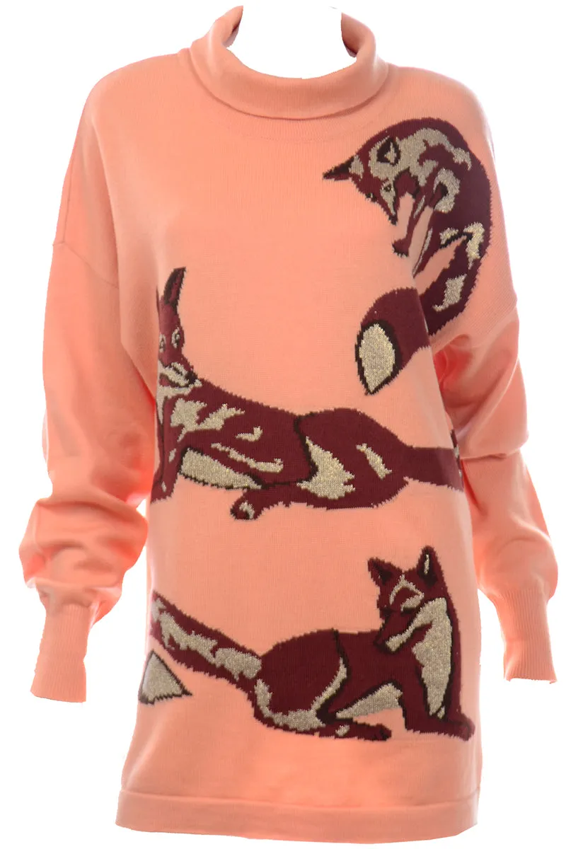 1980s Vintage Escada Margaretha Ley Oversized Peach & Brown Fox Sweater