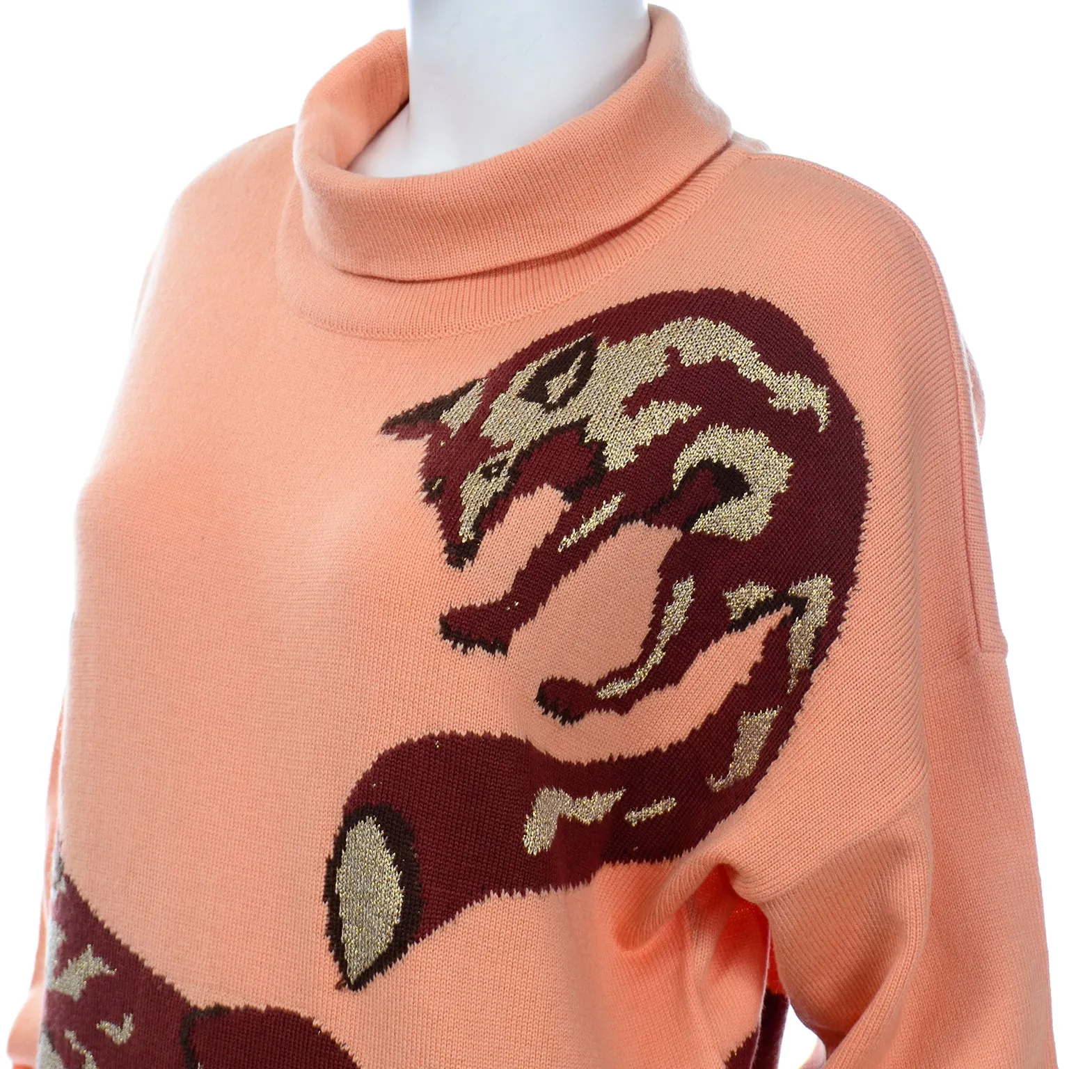 1980s Vintage Escada Margaretha Ley Oversized Peach & Brown Fox Sweater