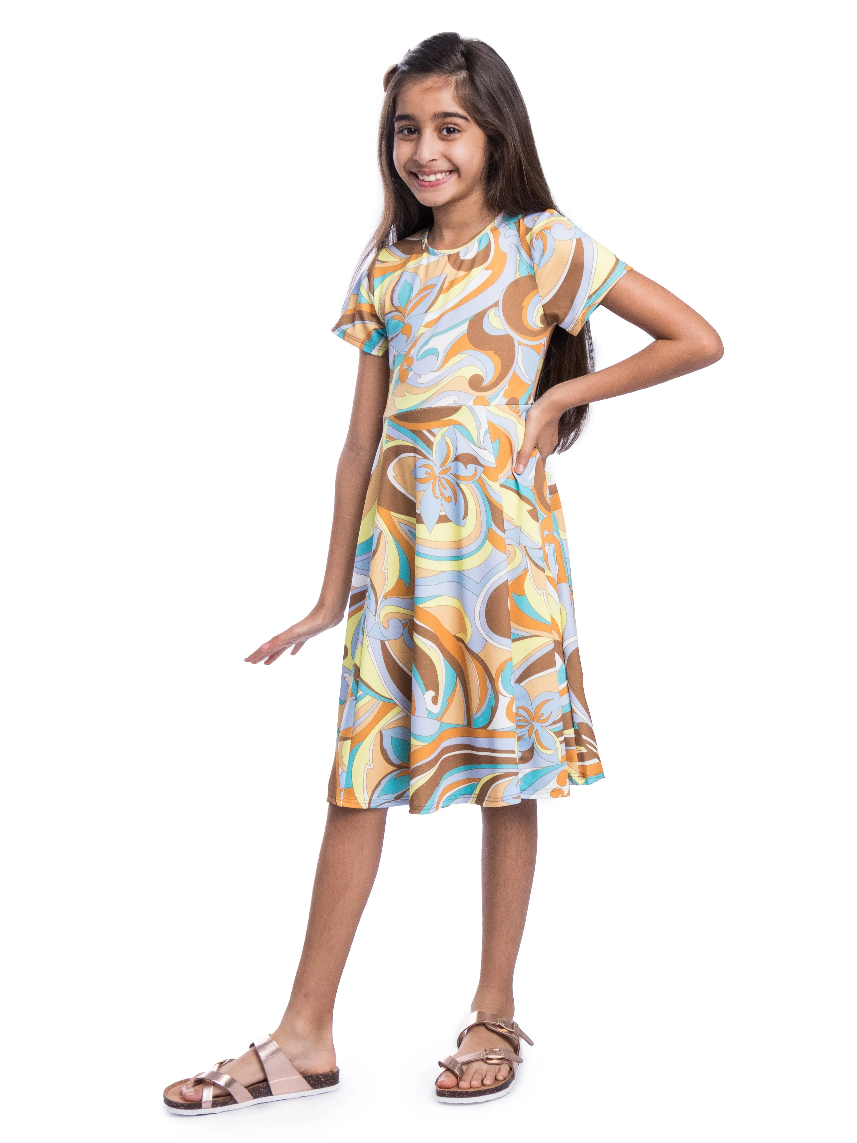 24sevenKid Girls Yellow Print Knee Length Short Sleeve Flowy Dress