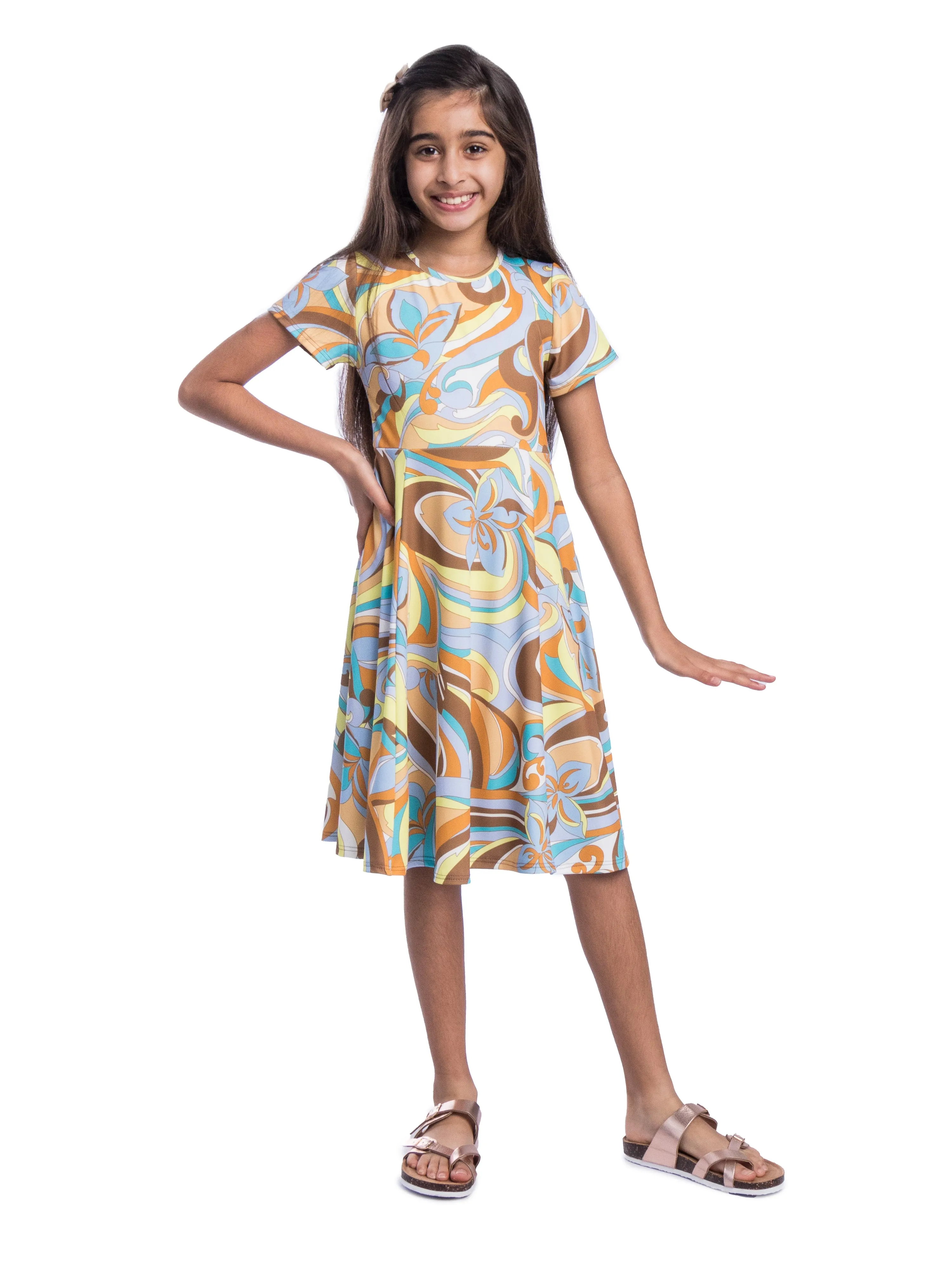 24sevenKid Girls Yellow Print Knee Length Short Sleeve Flowy Dress