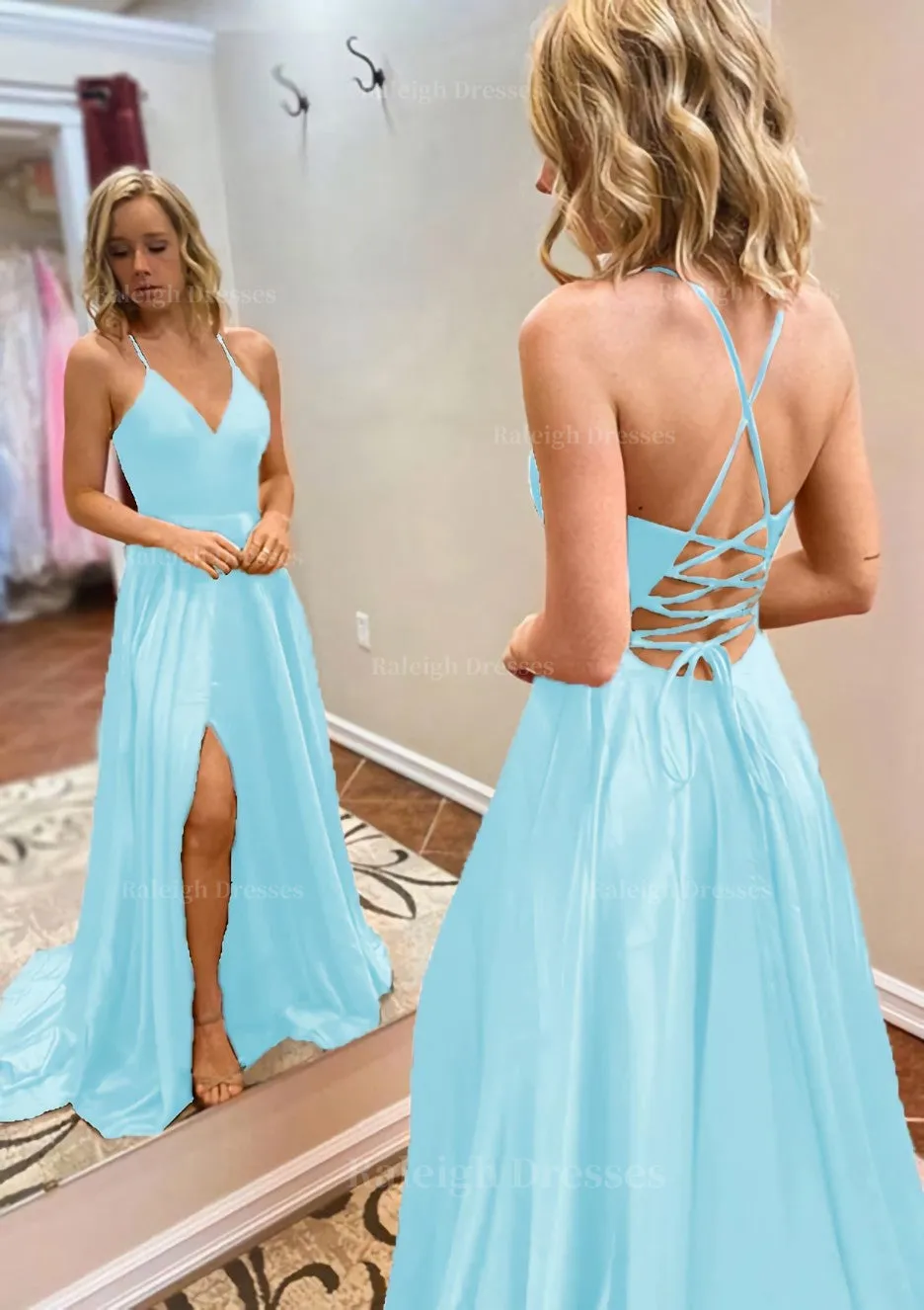 A-line Princess V Neck Sweep Train Charmeuse Prom Dress With Split