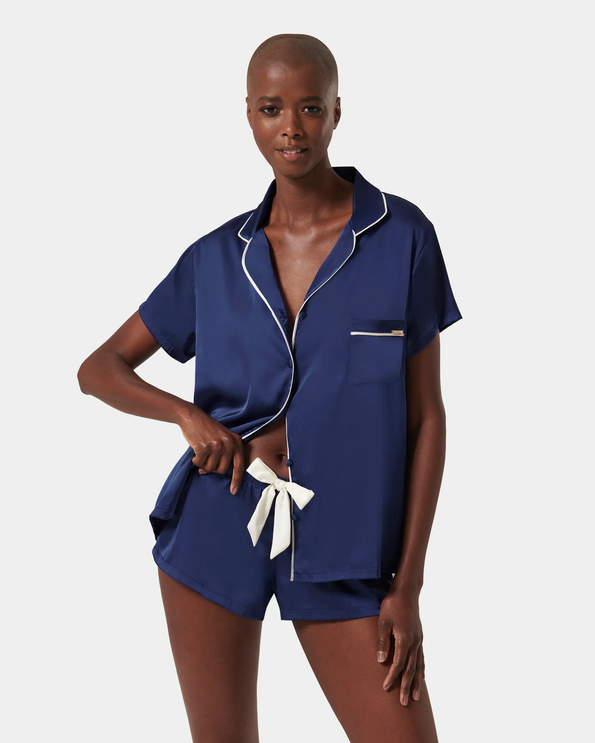 Abigail Luxury Satin Short Set Navy Blue/Cream