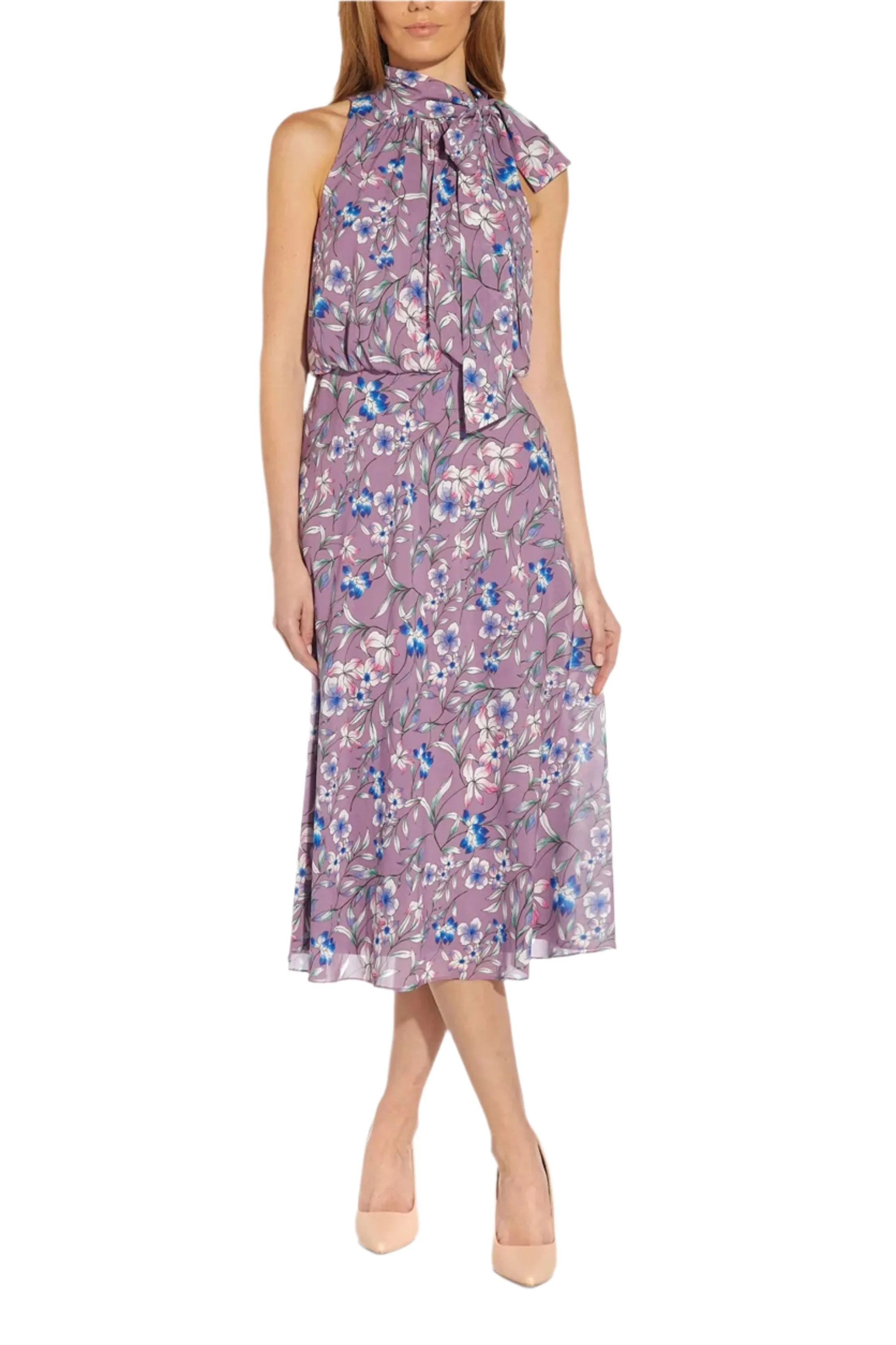 Adrianna Papell Tie Halter Neck Sleeveless Blouson Floral Print Fit & Flare Chiffon Dress