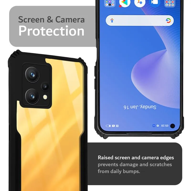 Back Cover Case for Realme 9 4G | Realme 9 Pro Plus 5G | HybridShield Transparent Glass Back | Camera Protection - Black Bumper & Transparent Back