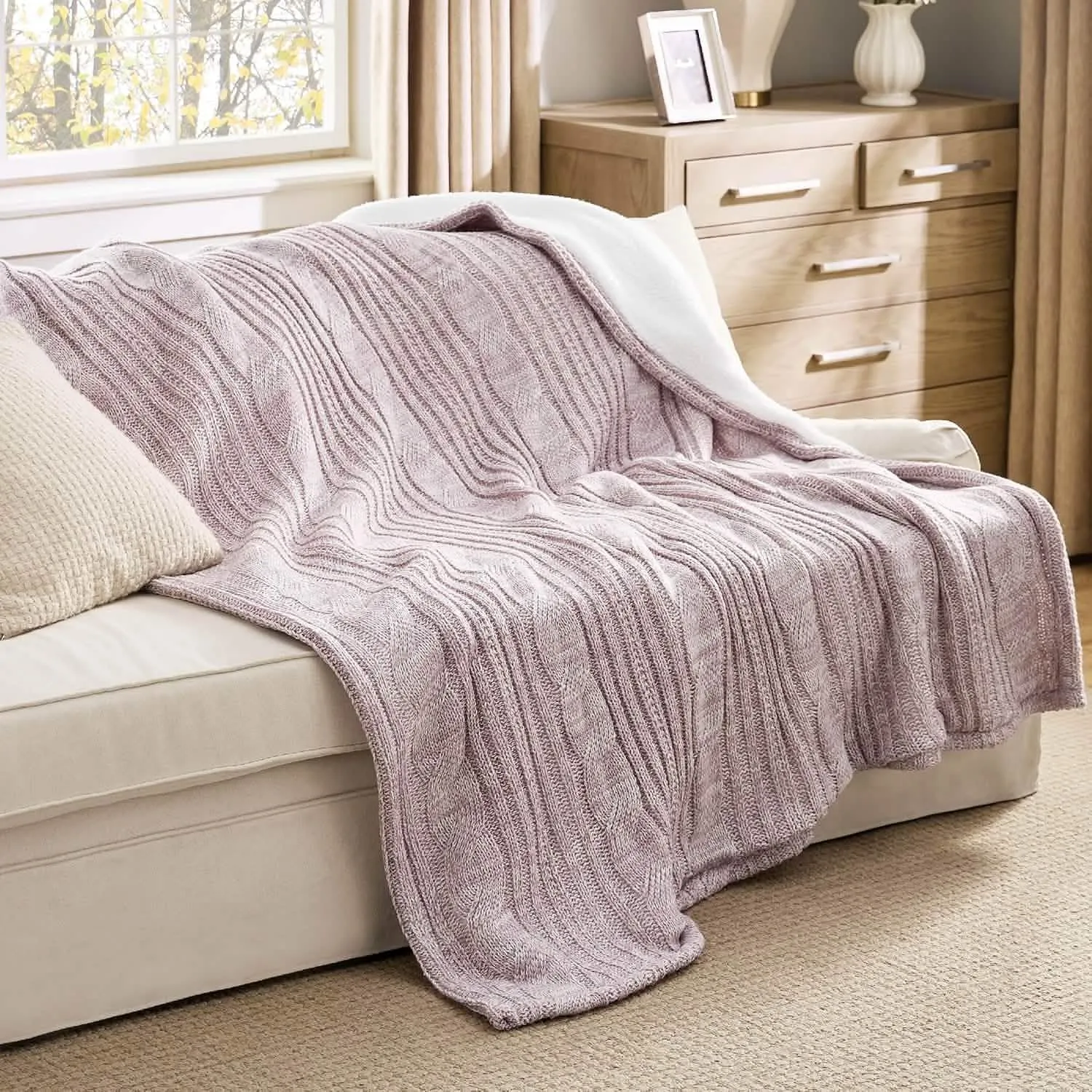 Bedsure Knit Sherpa Reversible Throw Blanket-Cable Knit