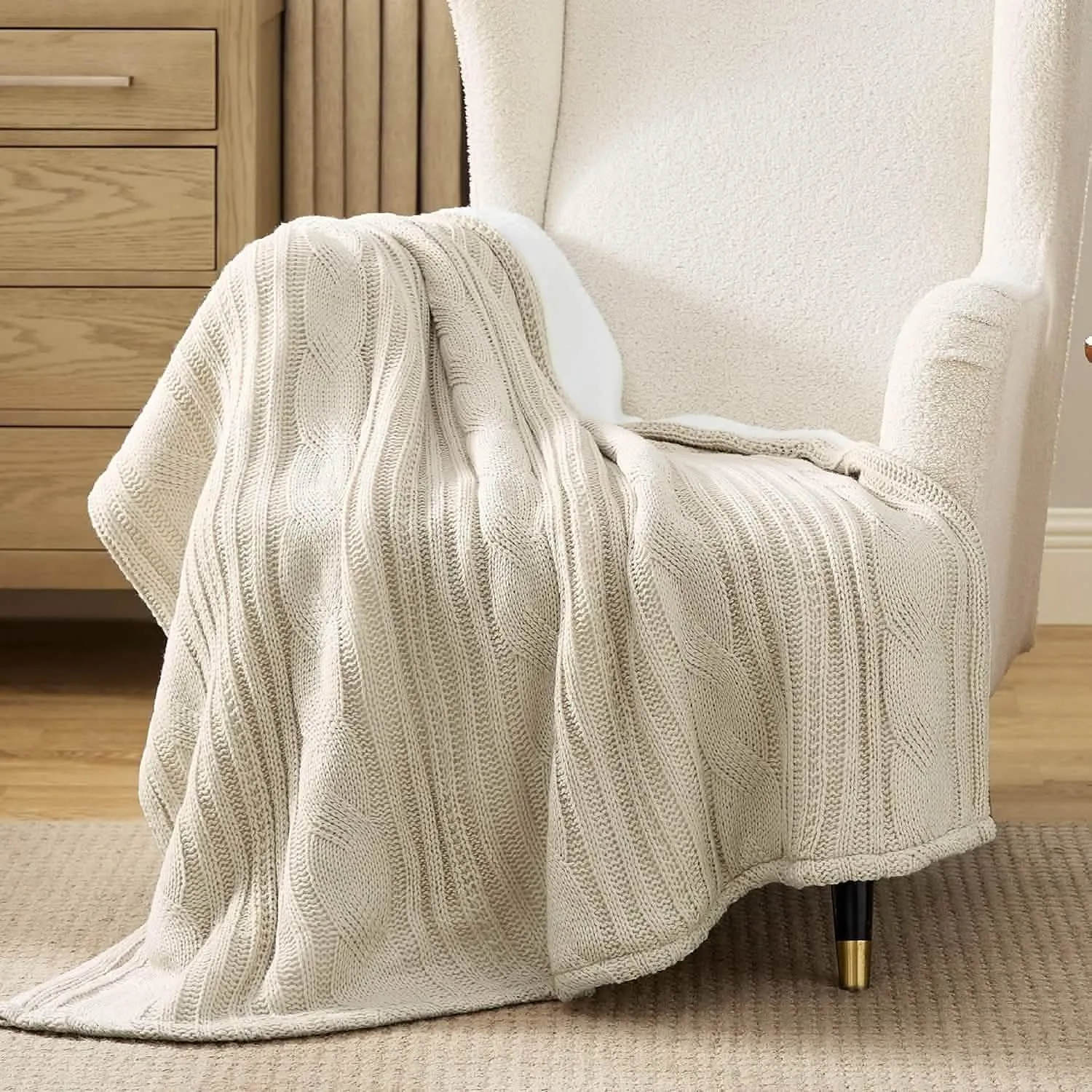 Bedsure Knit Sherpa Reversible Throw Blanket-Cable Knit