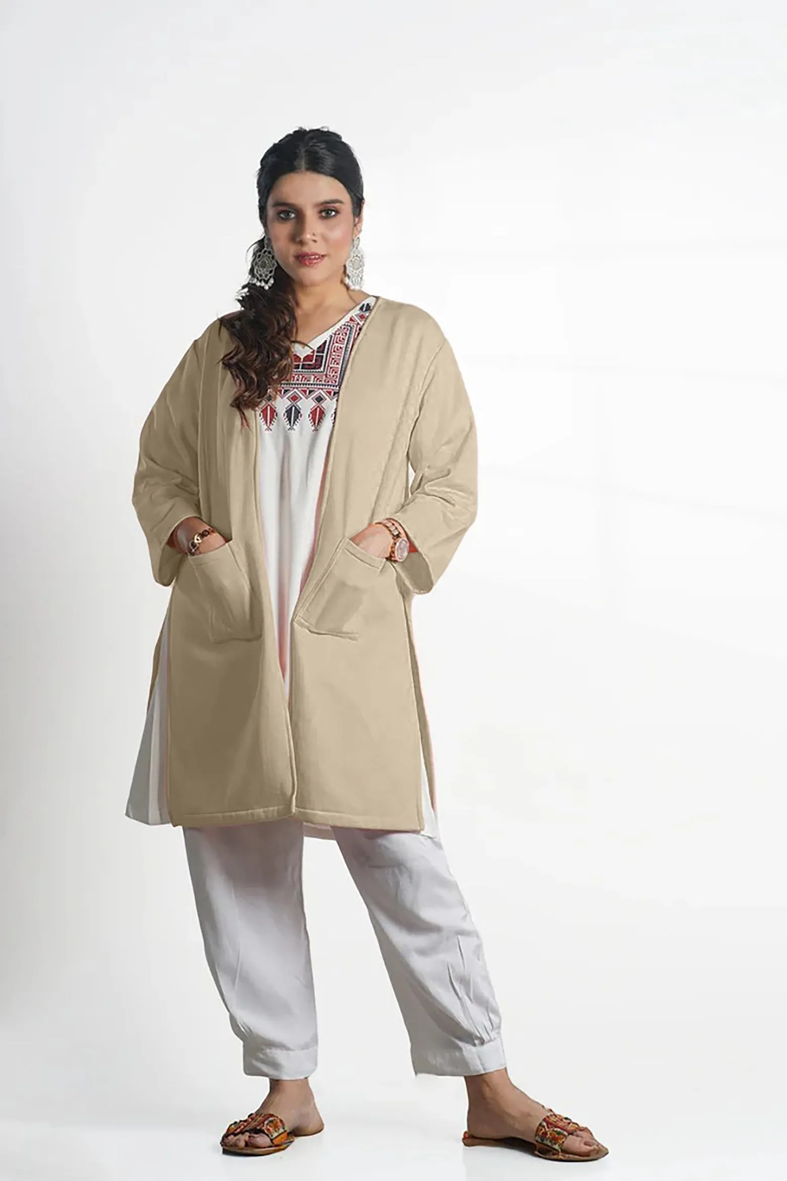 Beige Longline Shrug - Solid