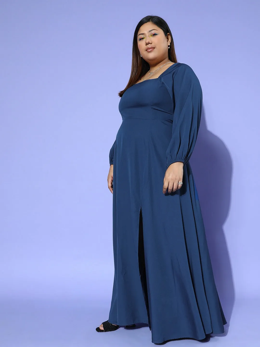 Berrylush Women Plus Size Solid Blue Square Neck Crepe Zipper-Up Thigh-High Slit Fit & Flare Maxi Dress