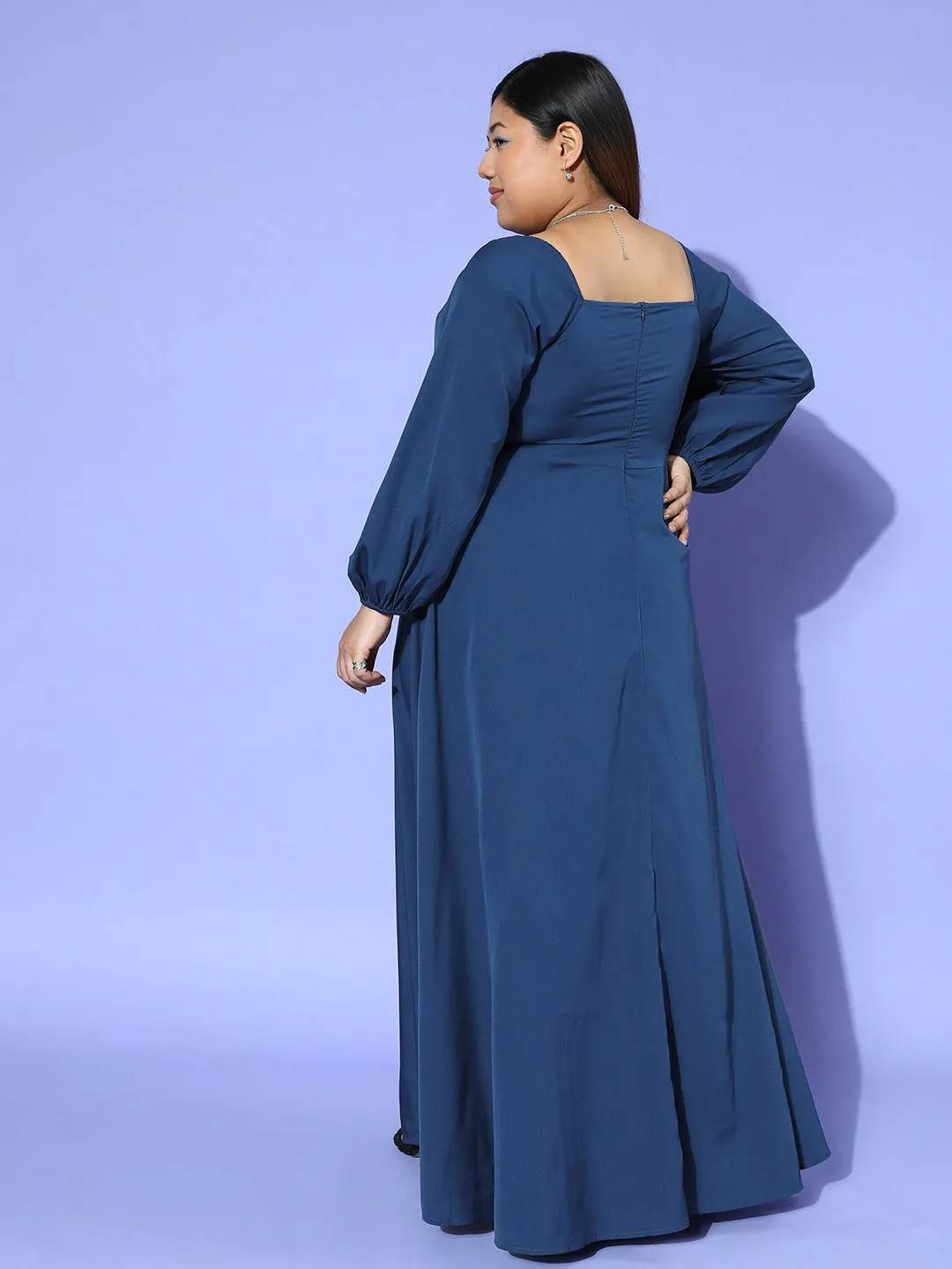 Berrylush Women Plus Size Solid Blue Square Neck Crepe Zipper-Up Thigh-High Slit Fit & Flare Maxi Dress