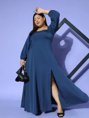 Berrylush Women Plus Size Solid Blue Square Neck Crepe Zipper-Up Thigh-High Slit Fit & Flare Maxi Dress