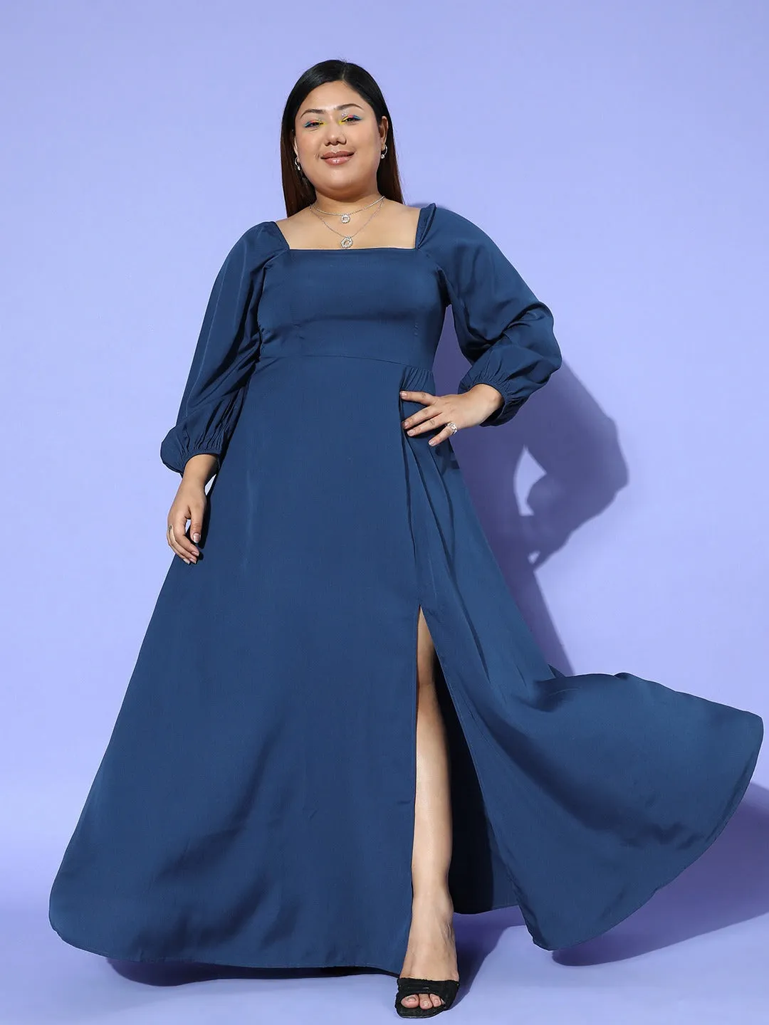 Berrylush Women Plus Size Solid Blue Square Neck Crepe Zipper-Up Thigh-High Slit Fit & Flare Maxi Dress