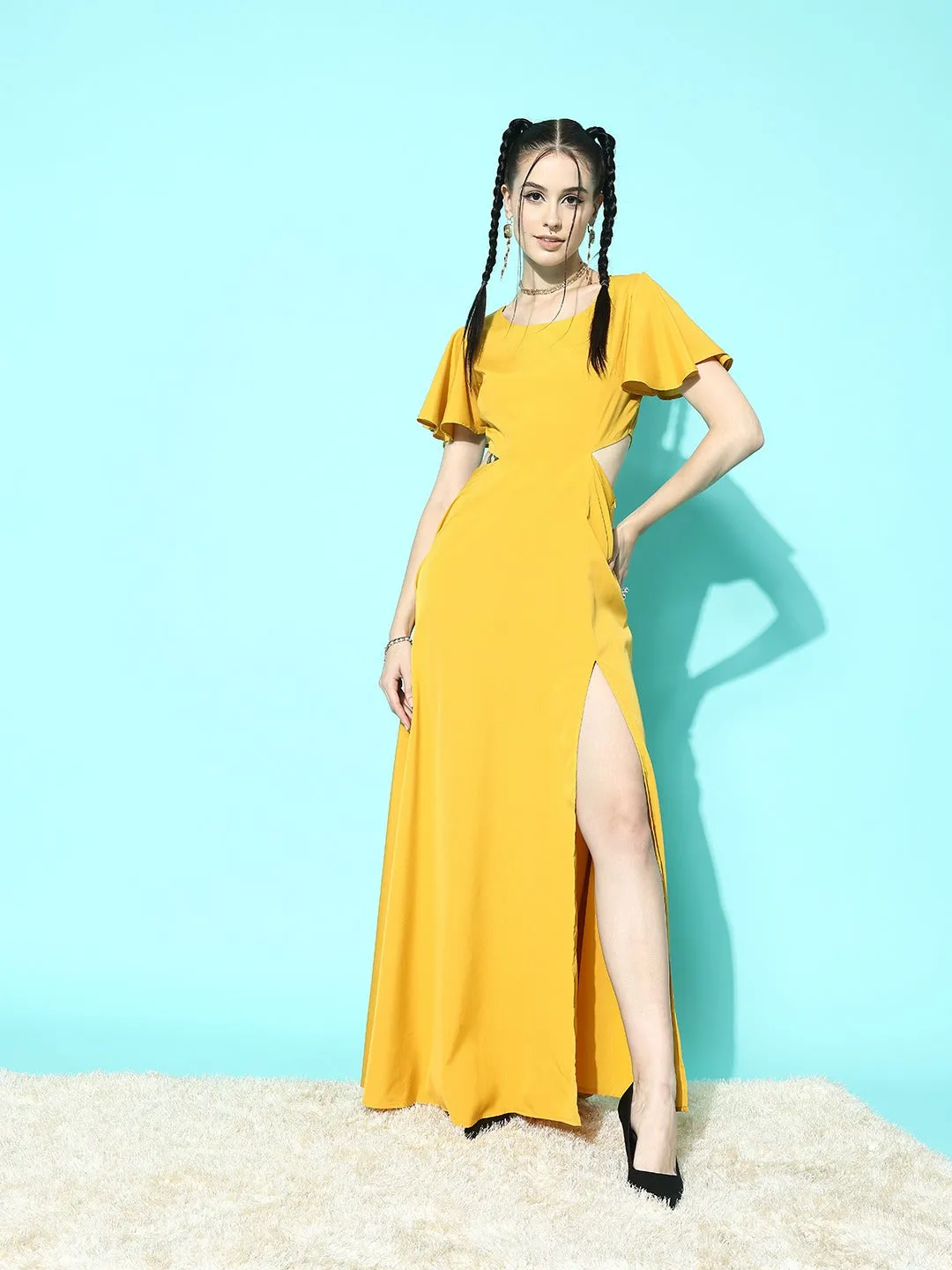 Berrylush Women Solid Yellow Round Neck Cutout Crepe Thigh-High Slit Fit & Flare Maxi Dress