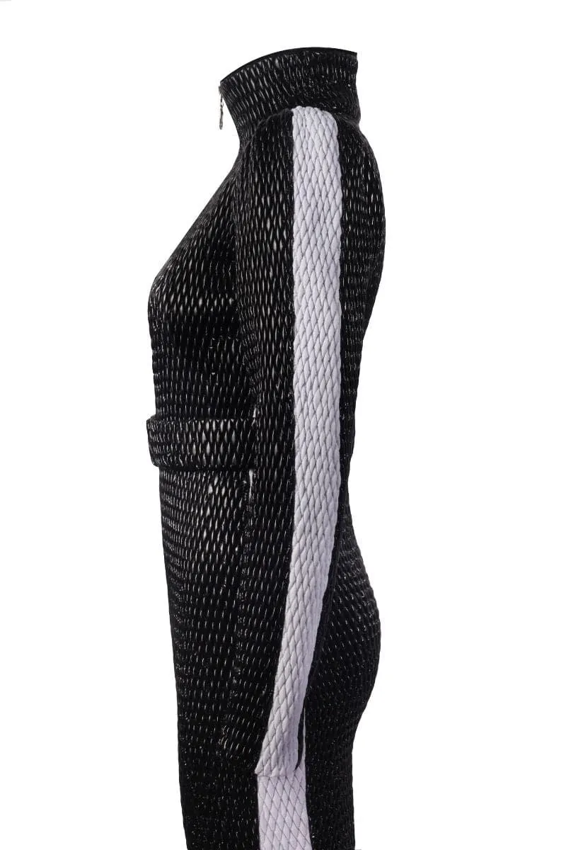 BLACK WITH WHITE STRIPE ONE-PIECE SKI SUIT