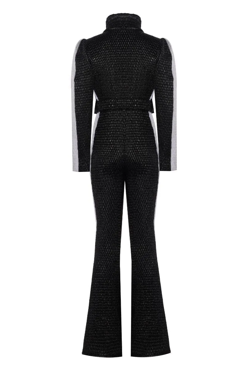 BLACK WITH WHITE STRIPE ONE-PIECE SKI SUIT