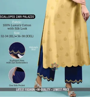 Blue Cotton Palazzo Pants with Zari Embroidery