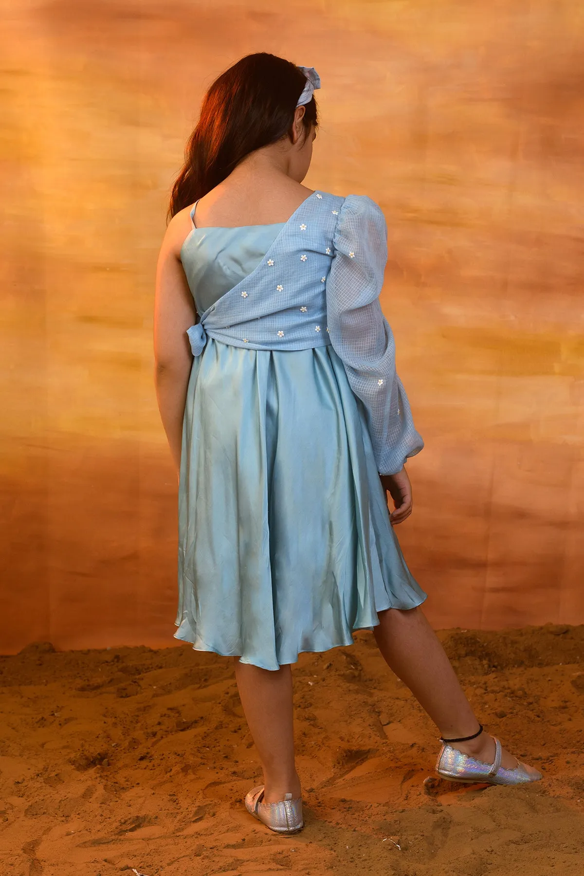 Blue Yonder-German Satin Dress With Kota Doriya Shrug For Girls