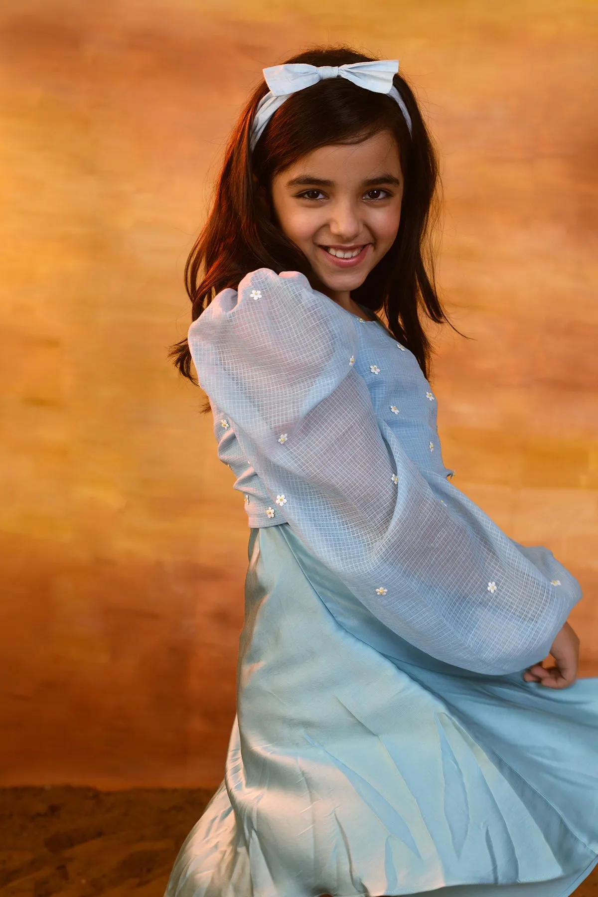 Blue Yonder-German Satin Dress With Kota Doriya Shrug For Girls