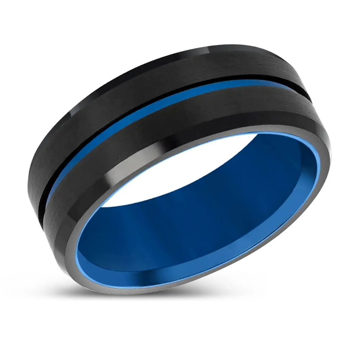 BLUEWAVE | Blue Tungsten Ring, Brushed, Blue Grooved Center, Beveled