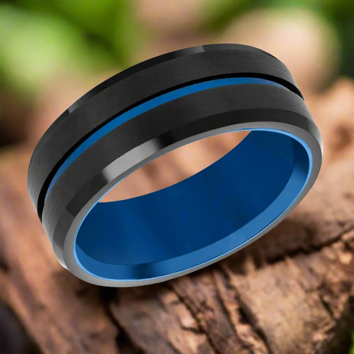 BLUEWAVE | Blue Tungsten Ring, Brushed, Blue Grooved Center, Beveled