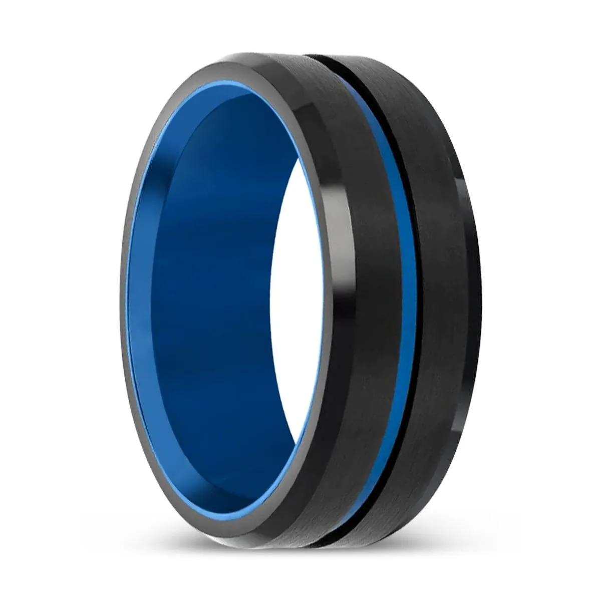 BLUEWAVE | Blue Tungsten Ring, Brushed, Blue Grooved Center, Beveled