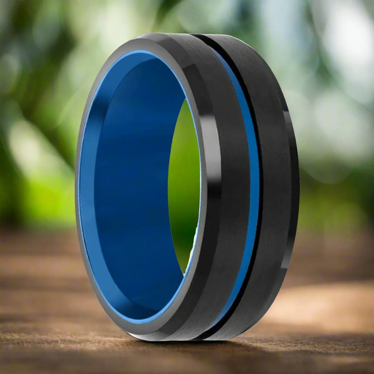 BLUEWAVE | Blue Tungsten Ring, Brushed, Blue Grooved Center, Beveled