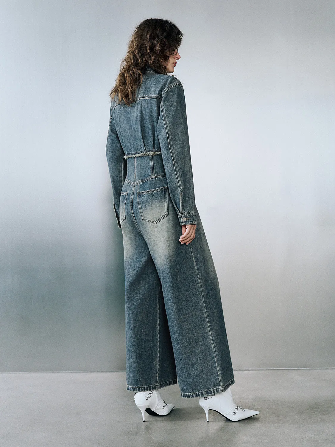 Button Up Denim Jumpsuit