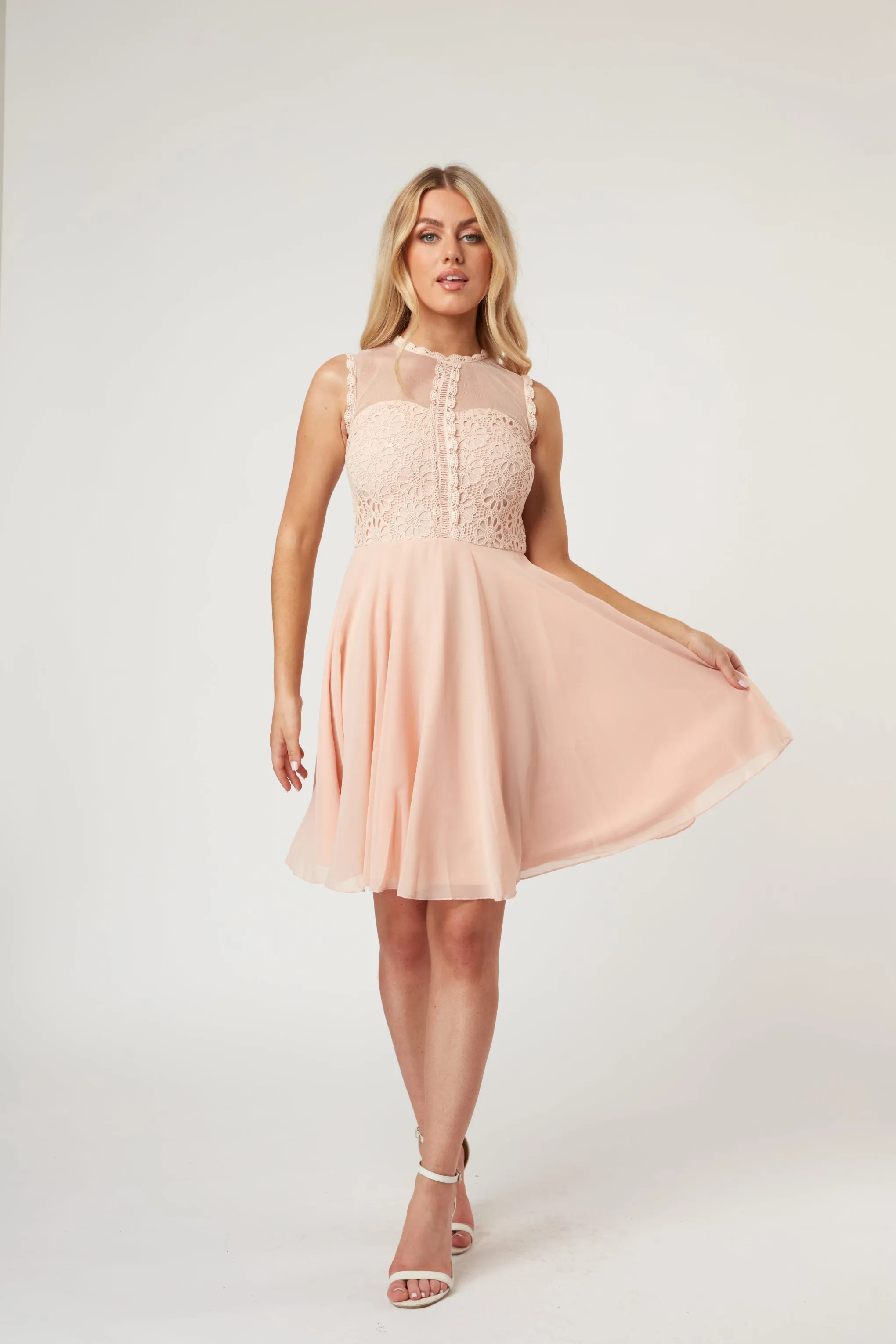 Carlie Blush Tulle and Lace Skater Dress