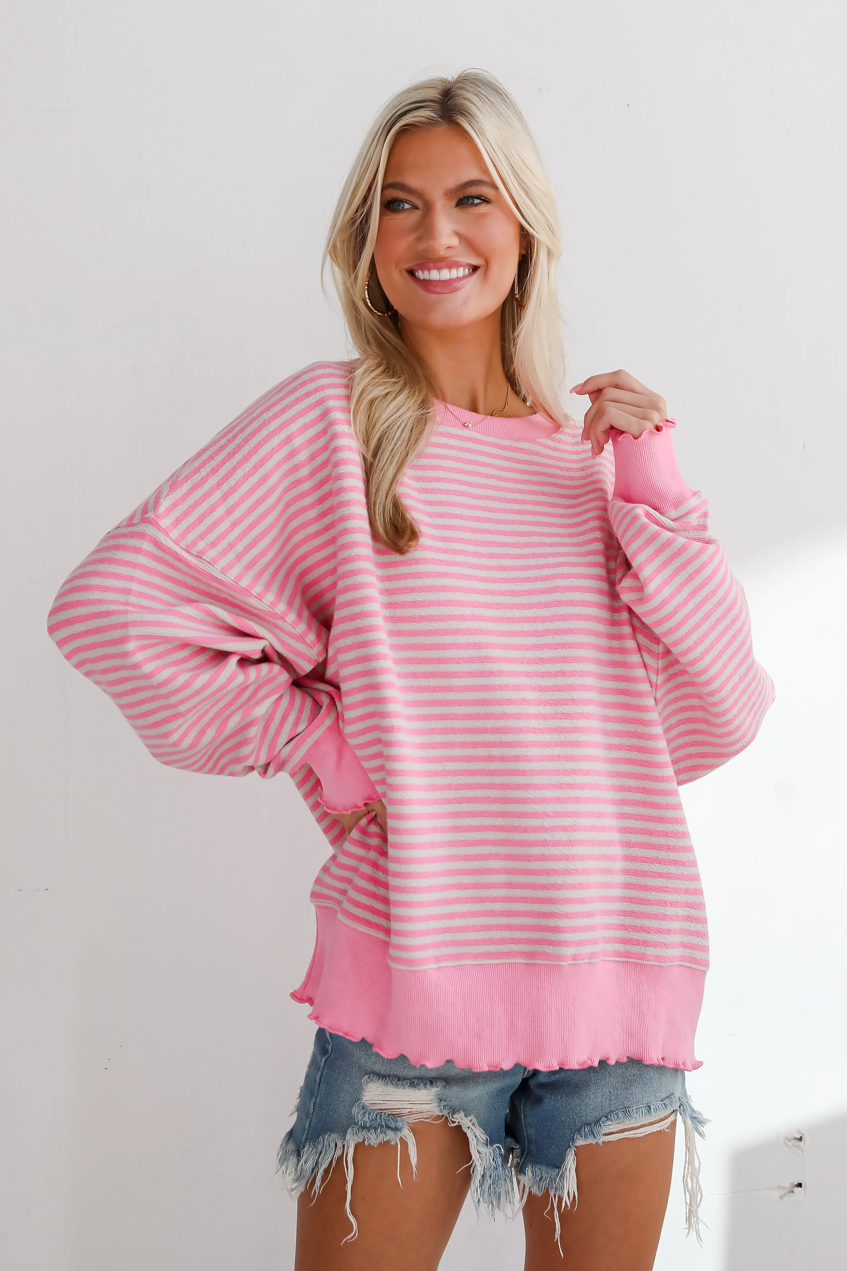 Charismatic Comfort Pink Striped Oversized Pullover