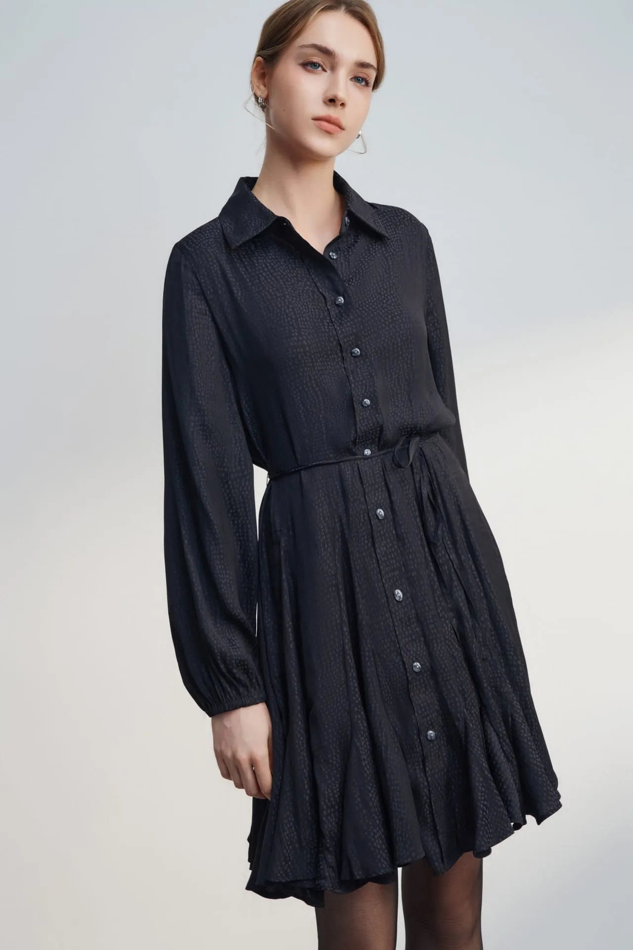 Dotted Jacquard Fit & Flare Shirt Dress with belt