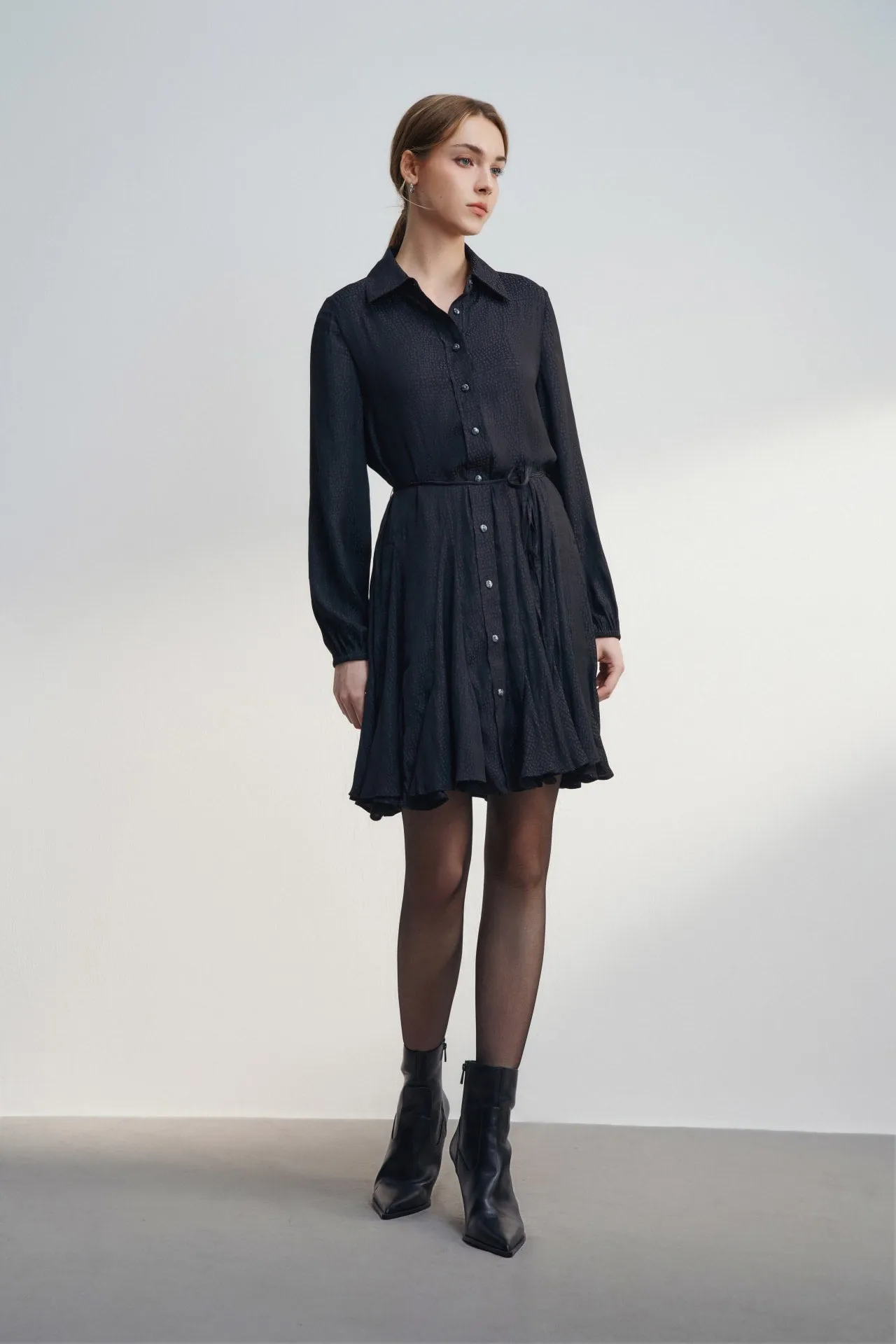 Dotted Jacquard Fit & Flare Shirt Dress with belt