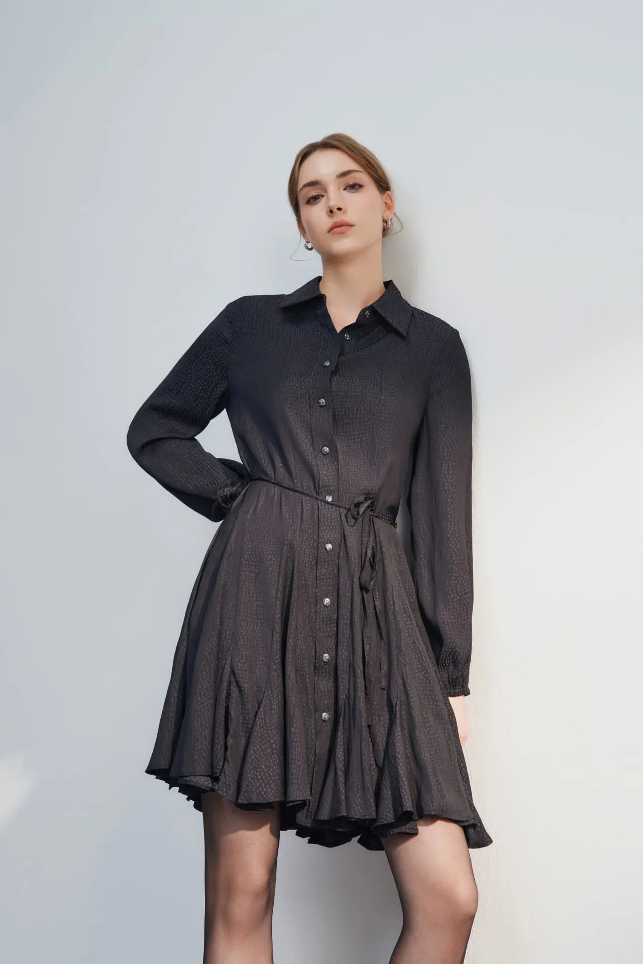 Dotted Jacquard Fit & Flare Shirt Dress with belt