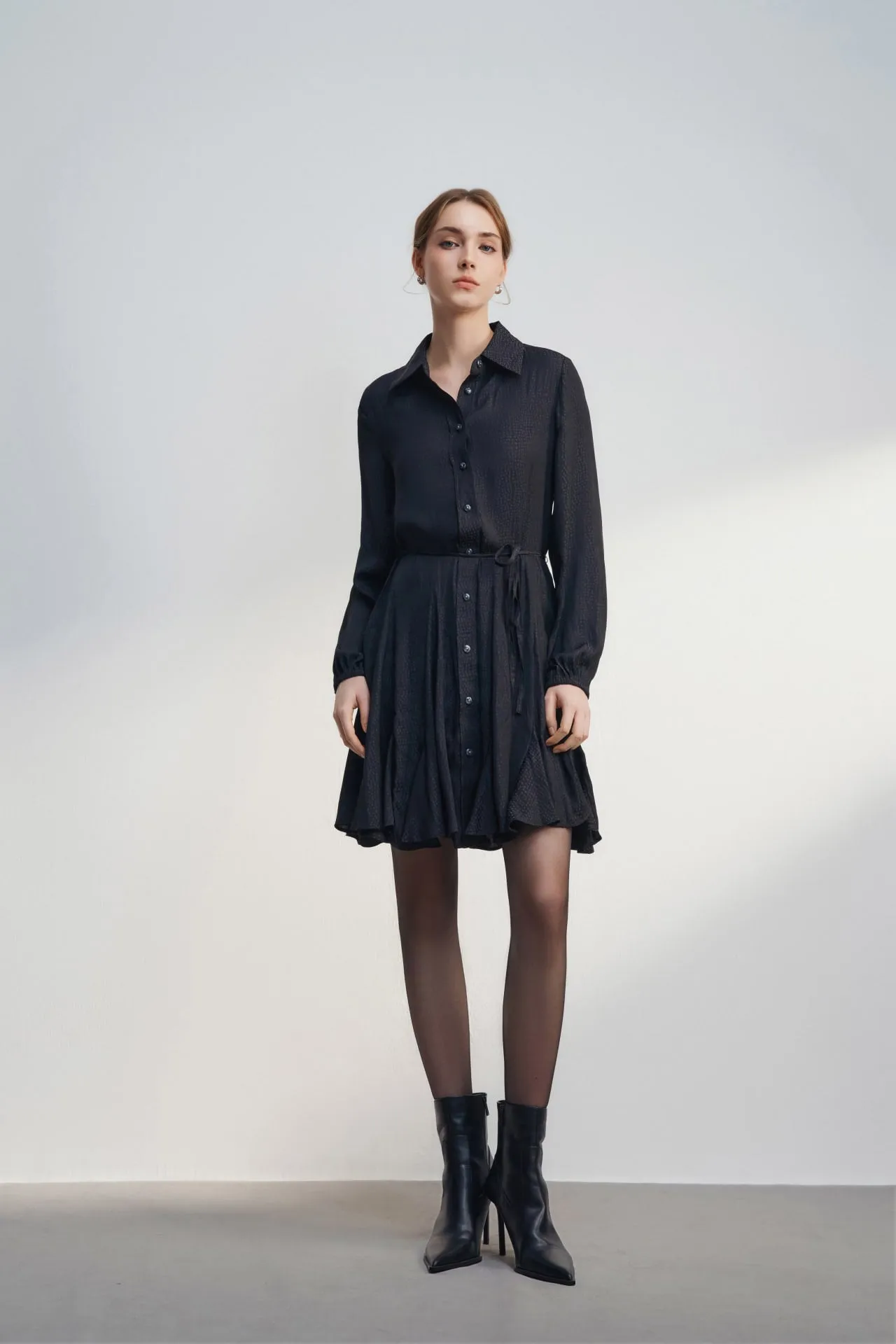 Dotted Jacquard Fit & Flare Shirt Dress with belt