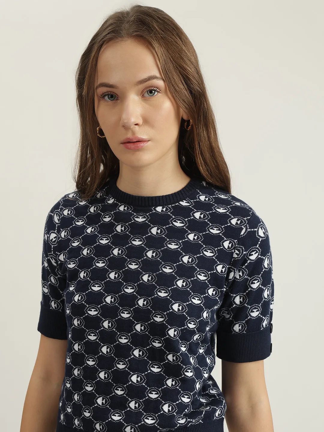 Elle Women Navy Blue Printed Round Neck Short Sleeves T-shirt