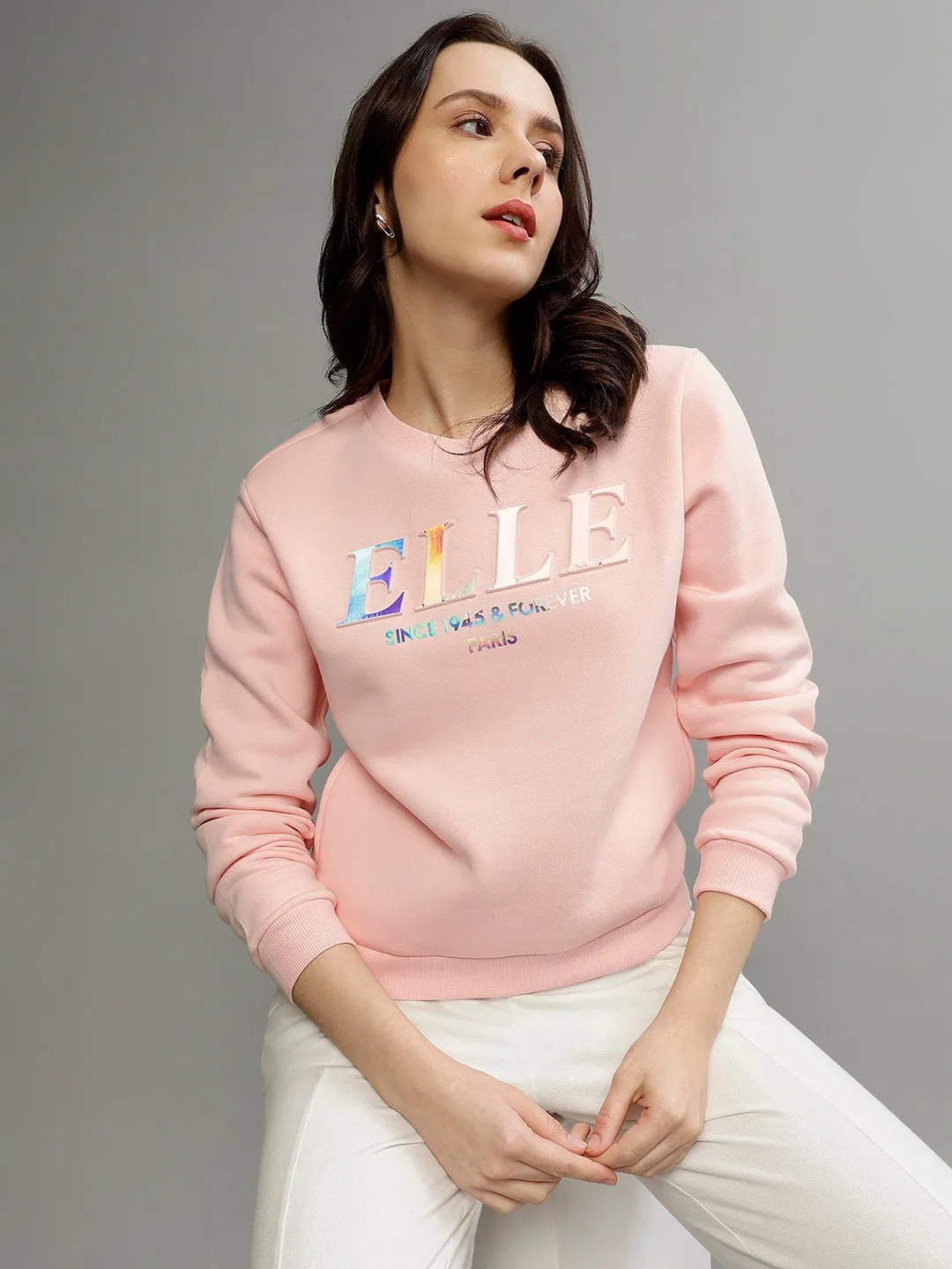 Elle Women Pink Solid Round Neck Full Sleeves Pullover Style Sweatshirt