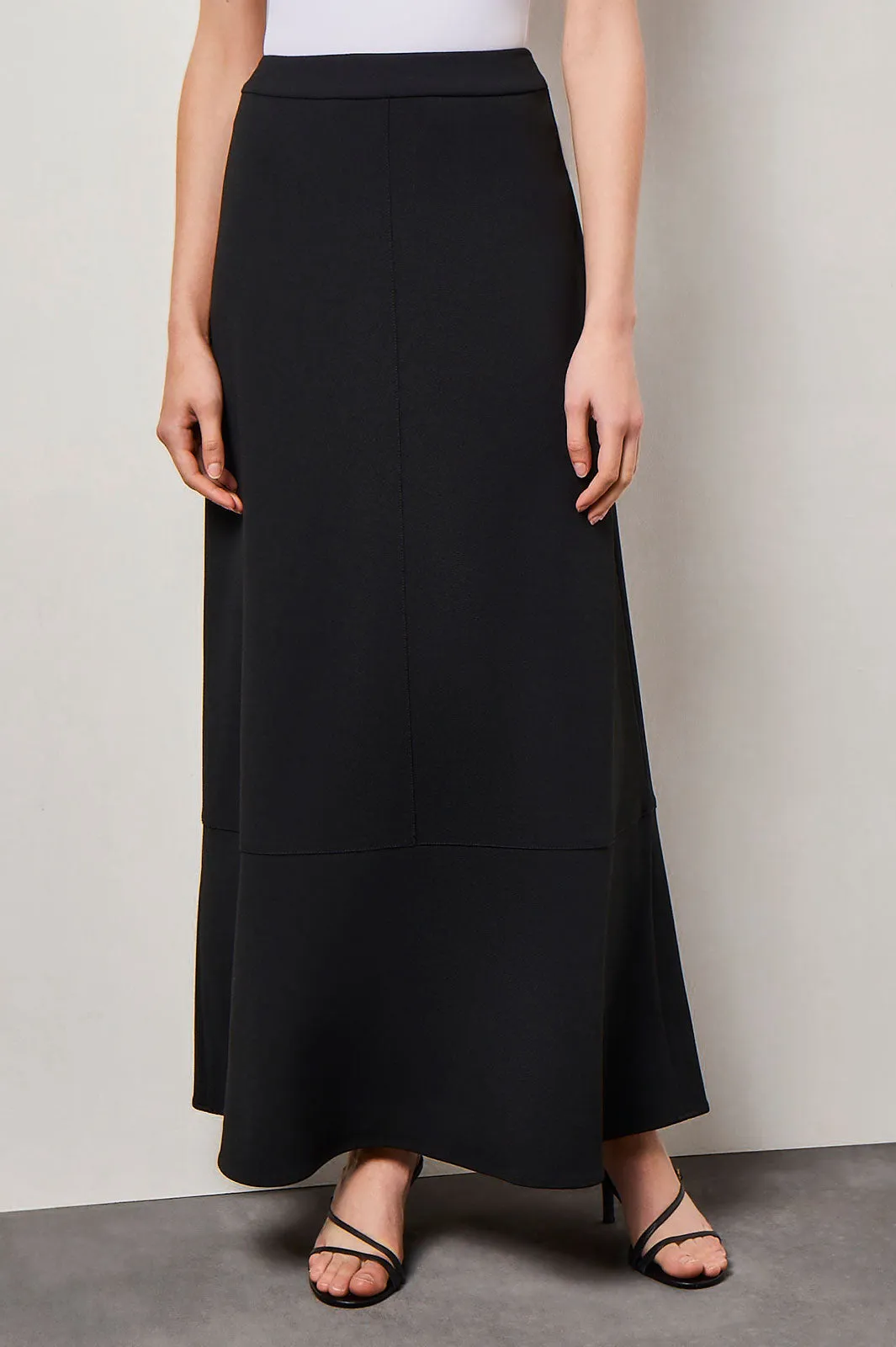 Flare Stretch Deco Crepe Maxi Skirt, Black