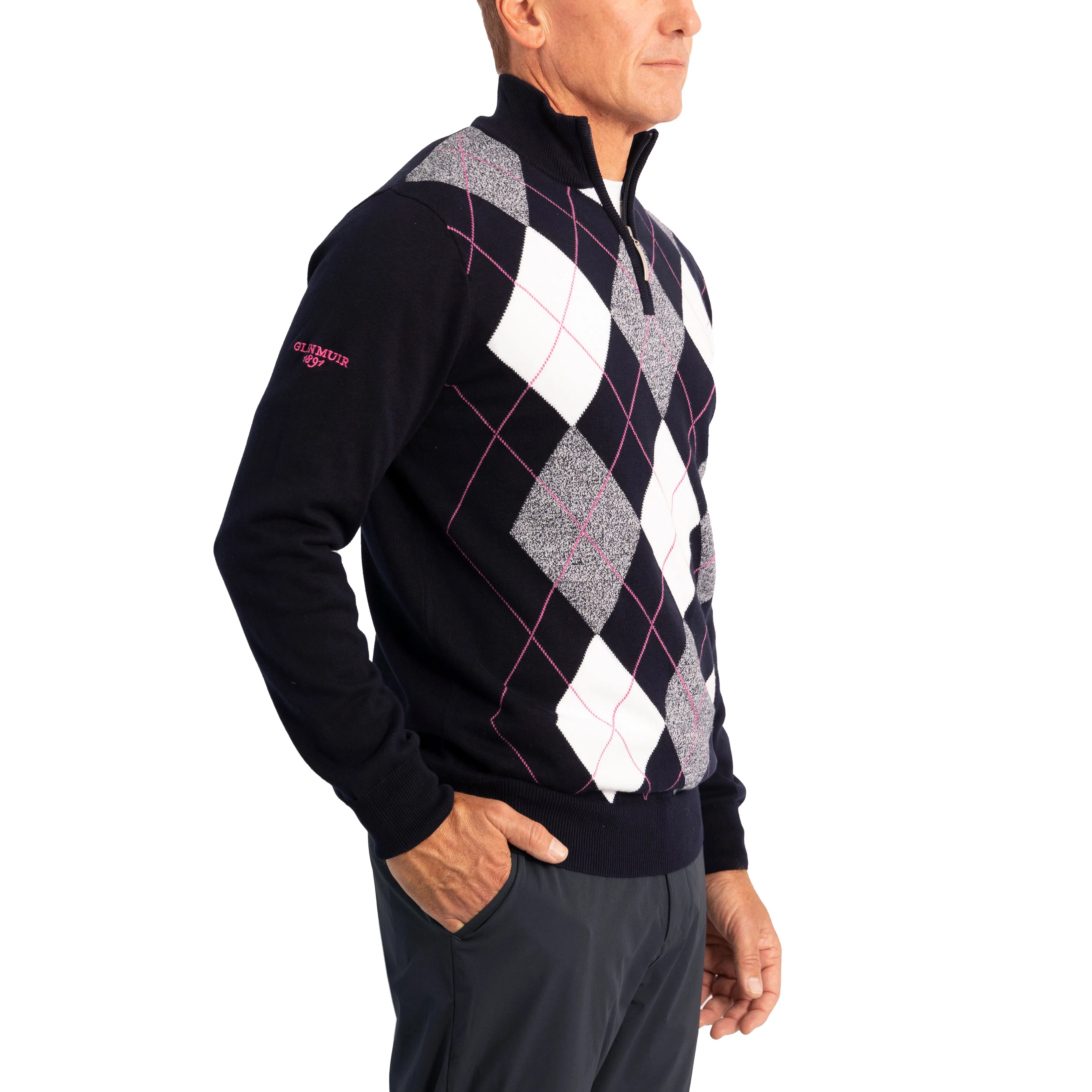 Glenmuir Lauder Quarter Zip Diamond Argyle Cotton Golf Pullover - Navy/ White