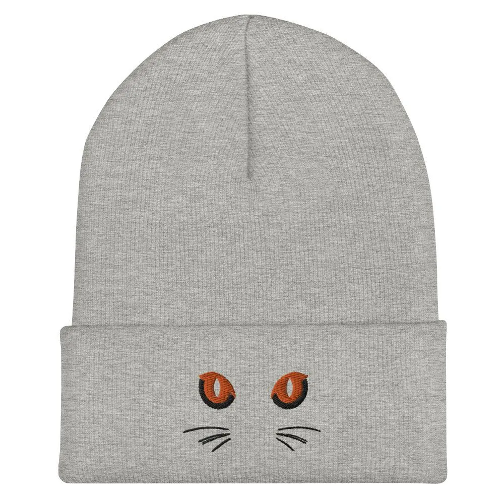 Grey Cuffed Beanie Cute Cat Eyes Embroidery