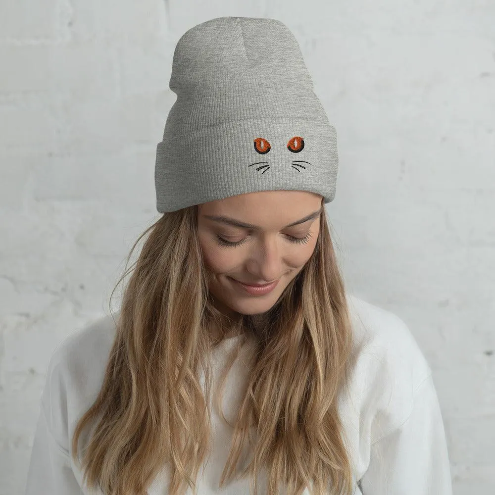 Grey Cuffed Beanie Cute Cat Eyes Embroidery