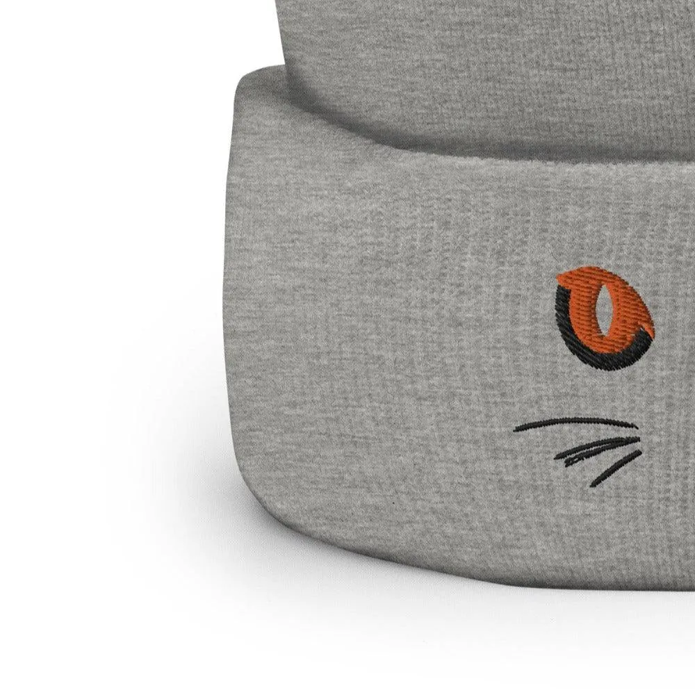 Grey Cuffed Beanie Cute Cat Eyes Embroidery