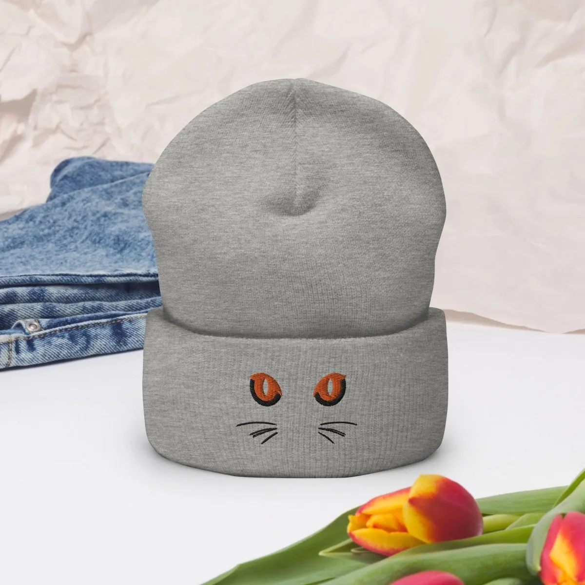 Grey Cuffed Beanie Cute Cat Eyes Embroidery