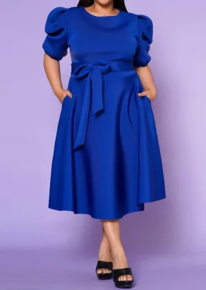 Hi Curvy Plus Size Women Flare Scuba Midi Dress With Pockets and Belt