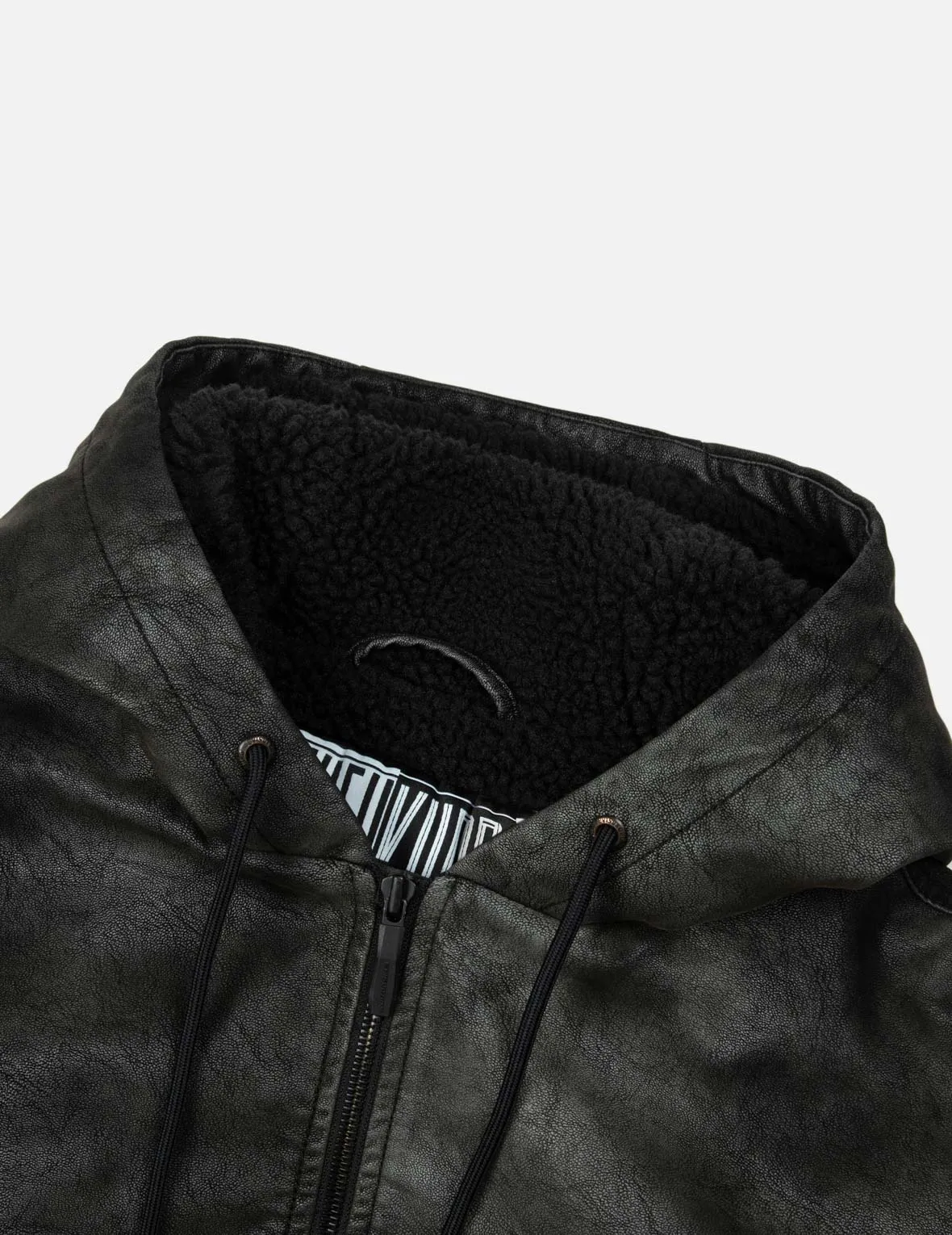 Hooded Grain Pattern Regular Fit Leather Bomber Jacket