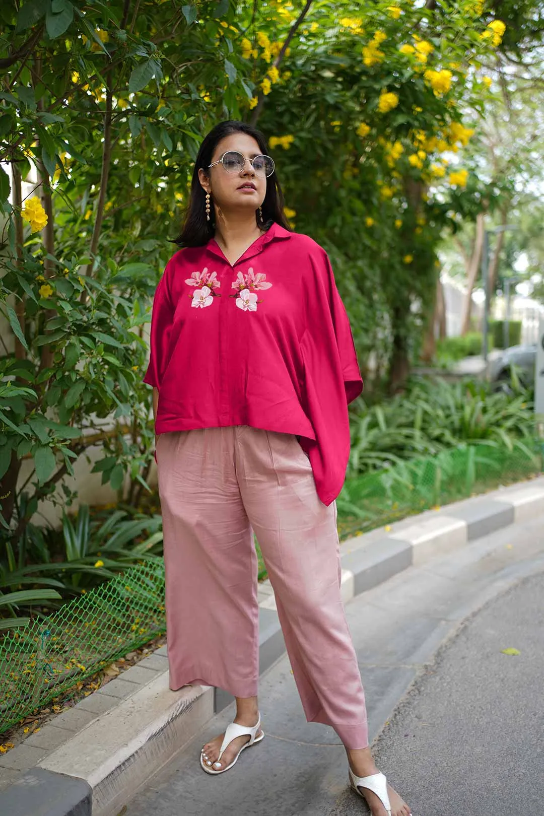 Magenta Rayon KaftanTop & Blush Palazzo - Cherry