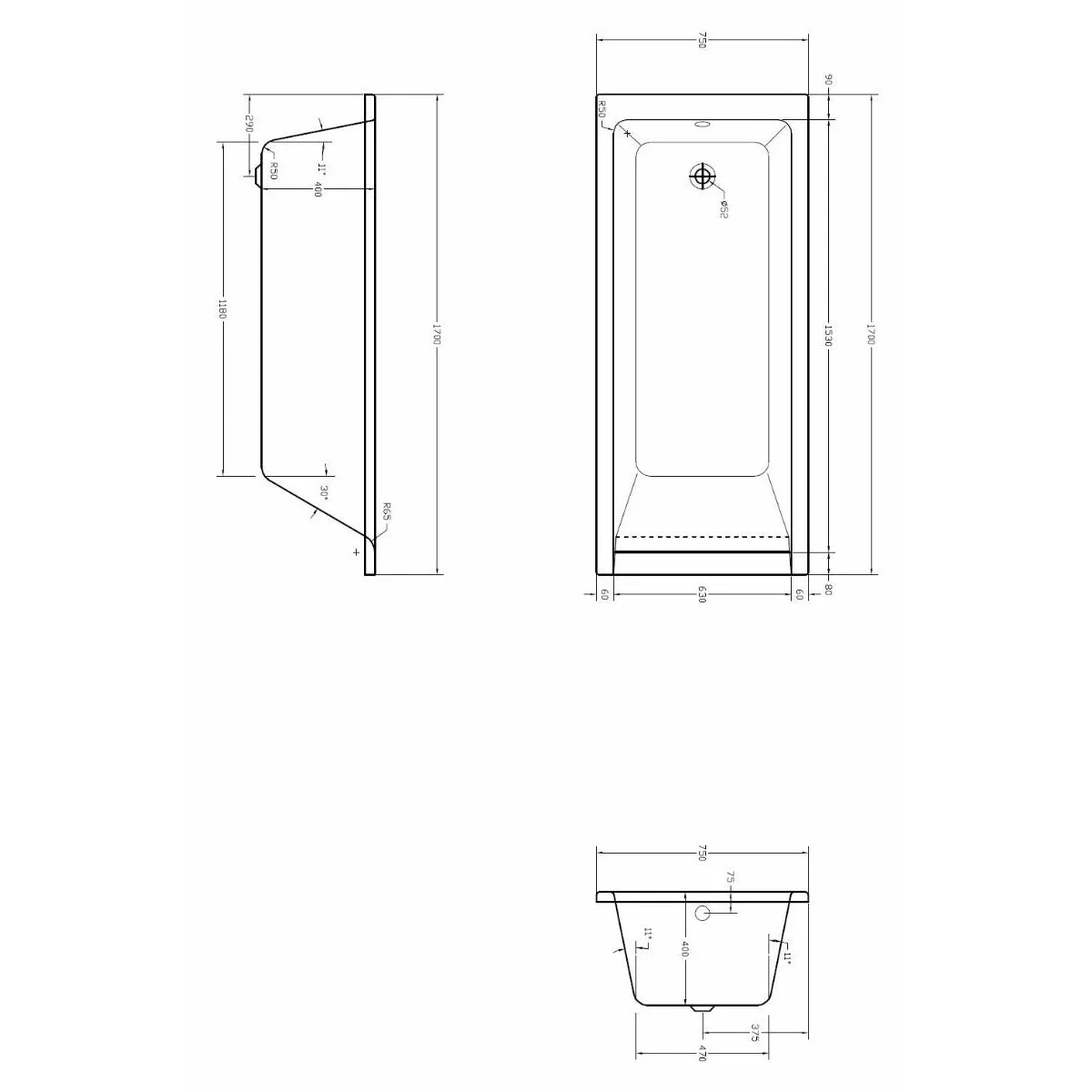 Medici Square Single-Ended Straight Bath - Euro Look