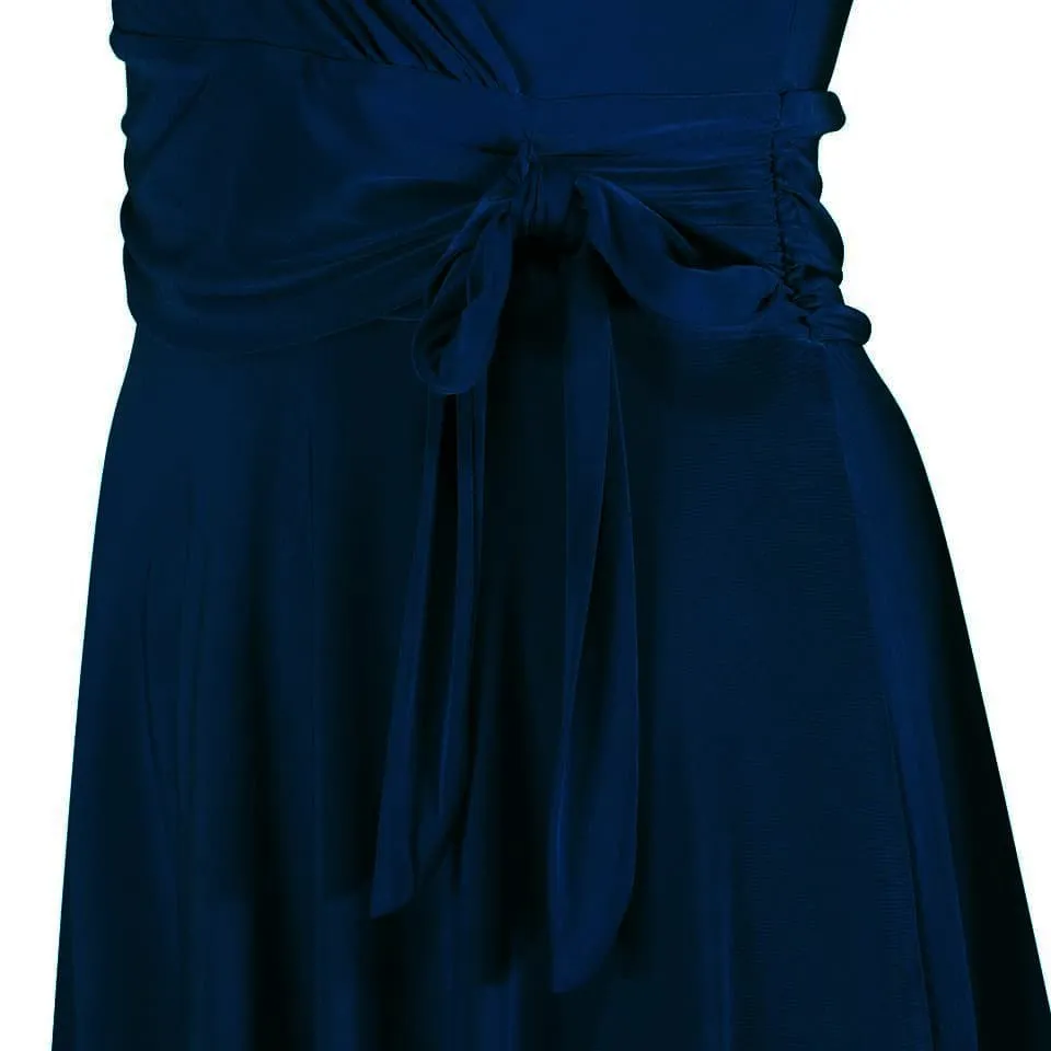 Navy Blue Cap Sleeve V Neck Wrap Top Swing Dress