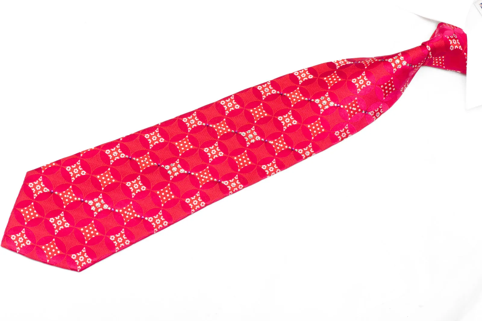 Pink Red Geometric Design Rhinestone Silk Necktie With Silver Sparkles