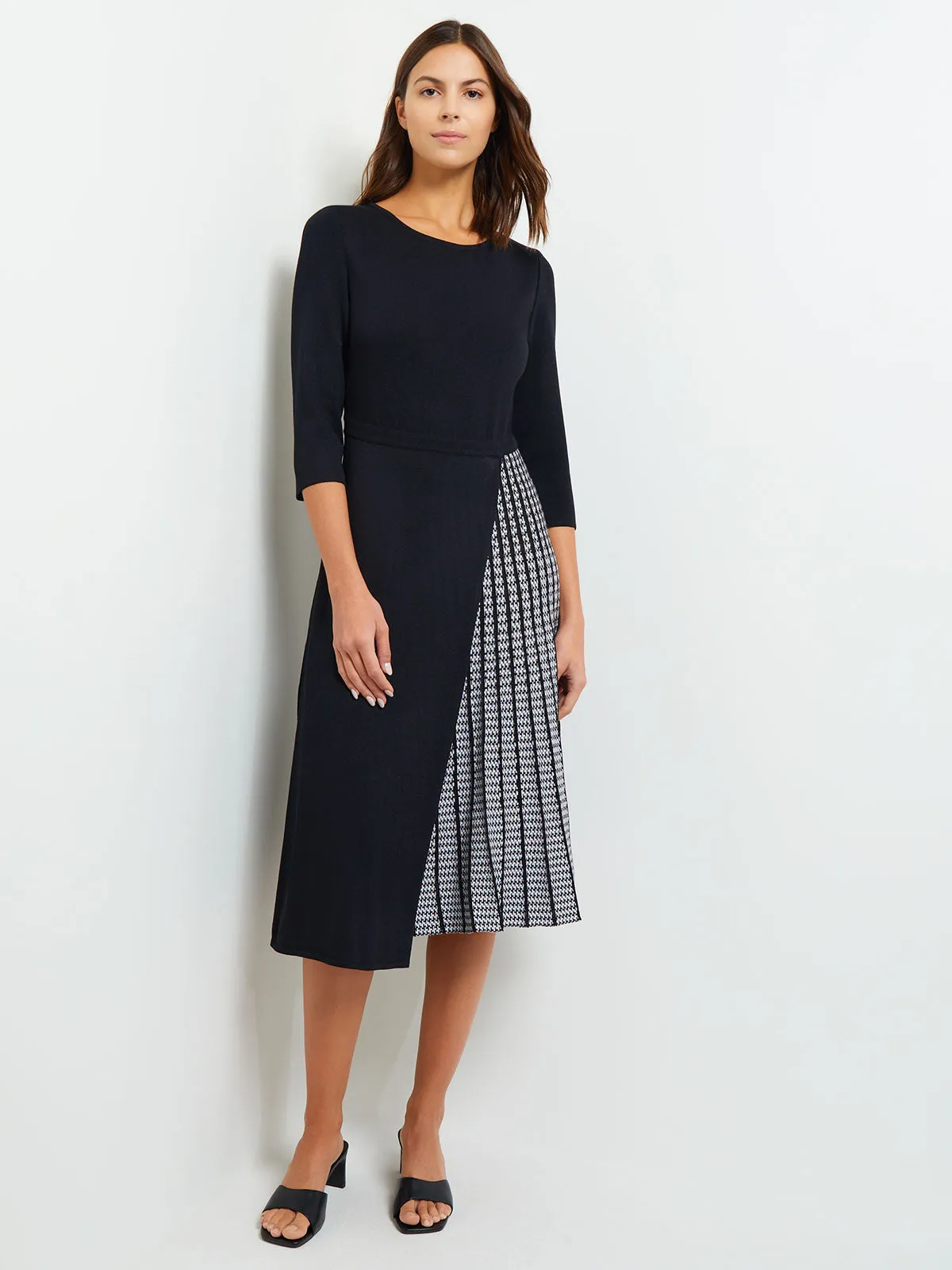 Pleated Contrast Panel Soft Knit Dress, Black & White