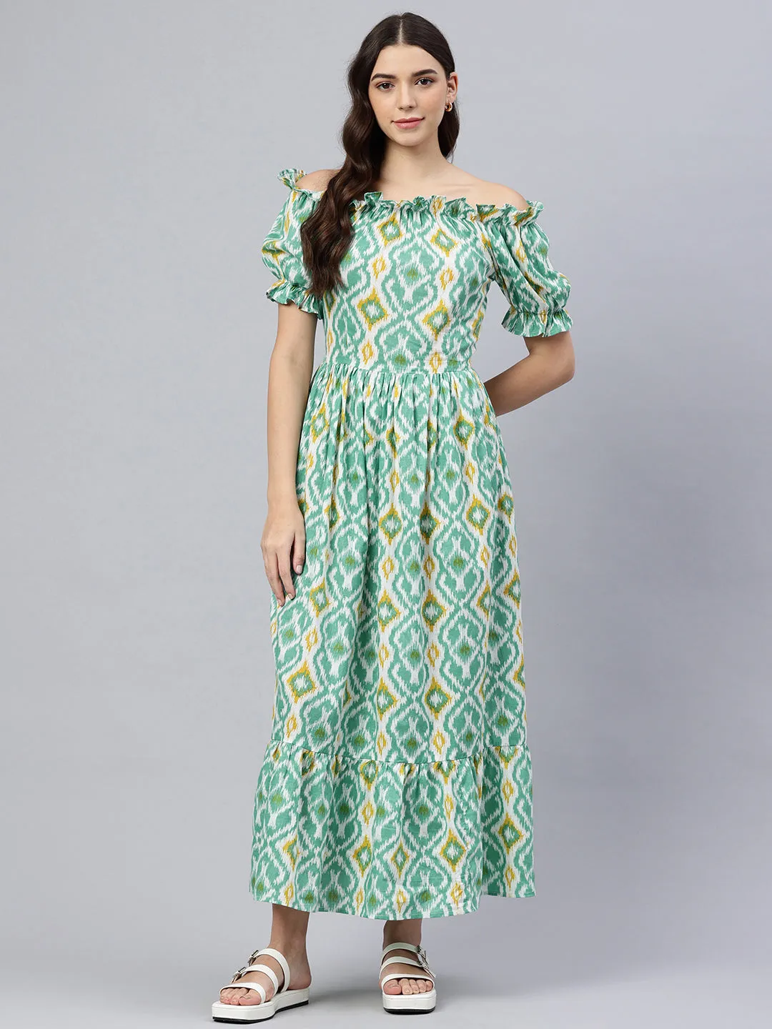 Printed Off-Shoulder Fit & Flare Maxi Dress