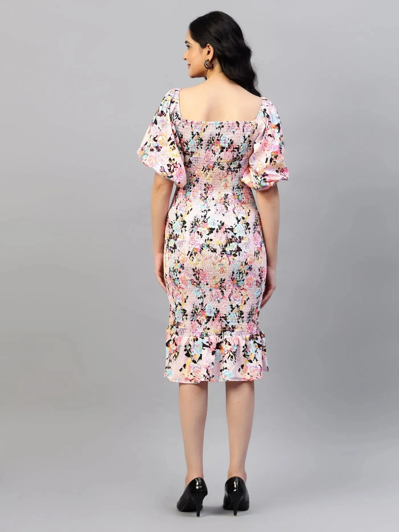 Printed Smocking Fitted Dress